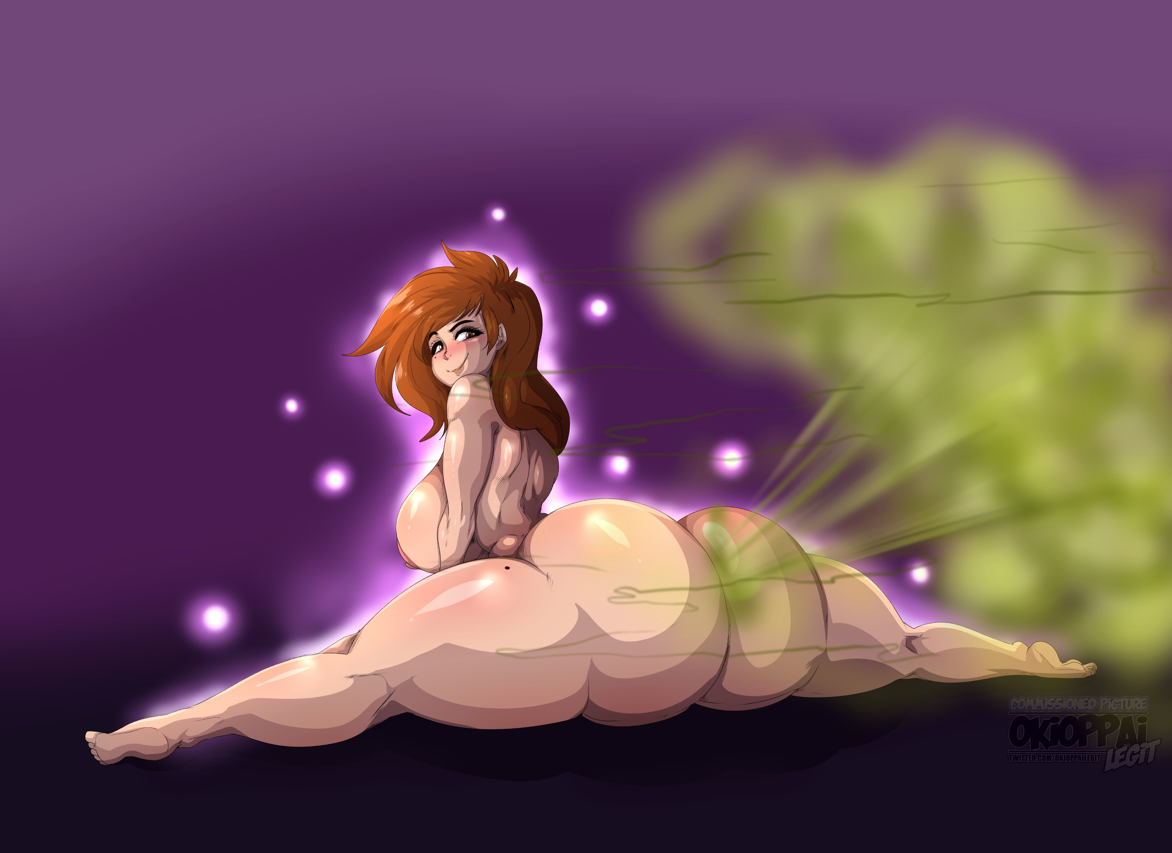1girls, ass, back view, big breasts, breasts, digital drawing (artwork), fart, fart cloud, farting, female, female only, gas, gassy, gigantic ass, gigantic thighs, hi res, huge ass, huge thighs, legs spread, long hair, mole, naked, nude, nude female, okifetish, orange eyes, orange hair, original, original character, simple background, smile, solo, splits, thick eyebrows, thick thighs, thighs, voluptuous, watermark, wide hips