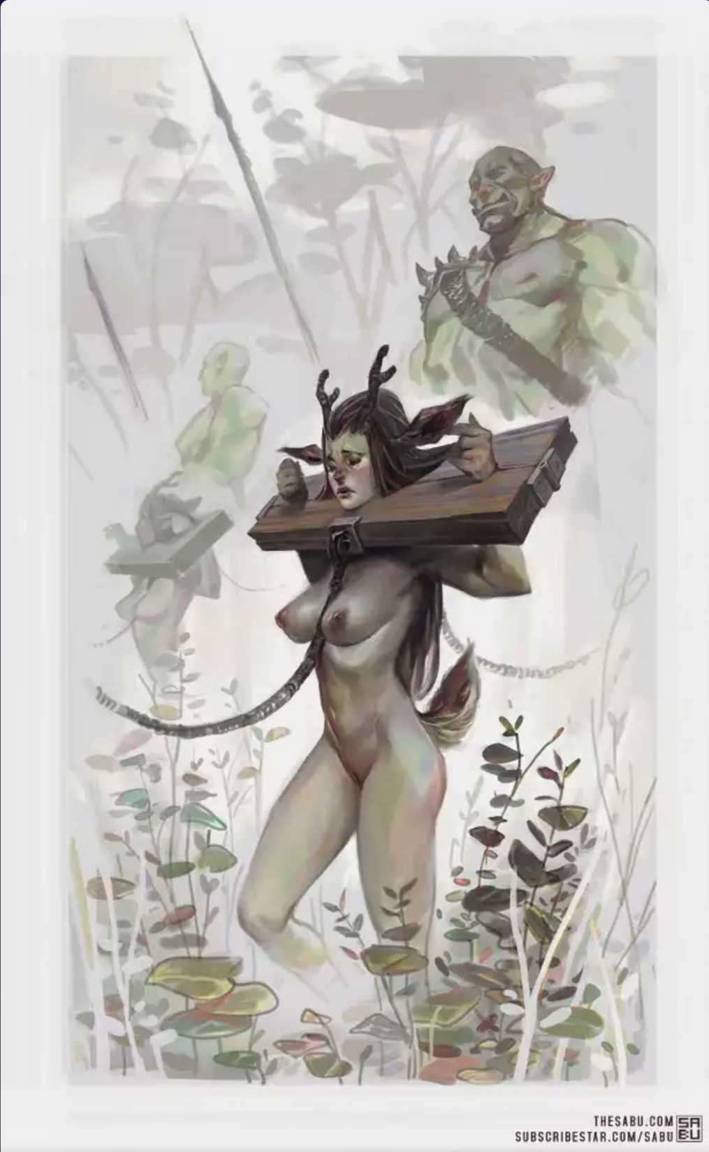 2girls, captured, chained, chains, female, horn, multiple females, multiple girls, nude, orc, prisoner, sabudenego, slave girl, stocks, tail