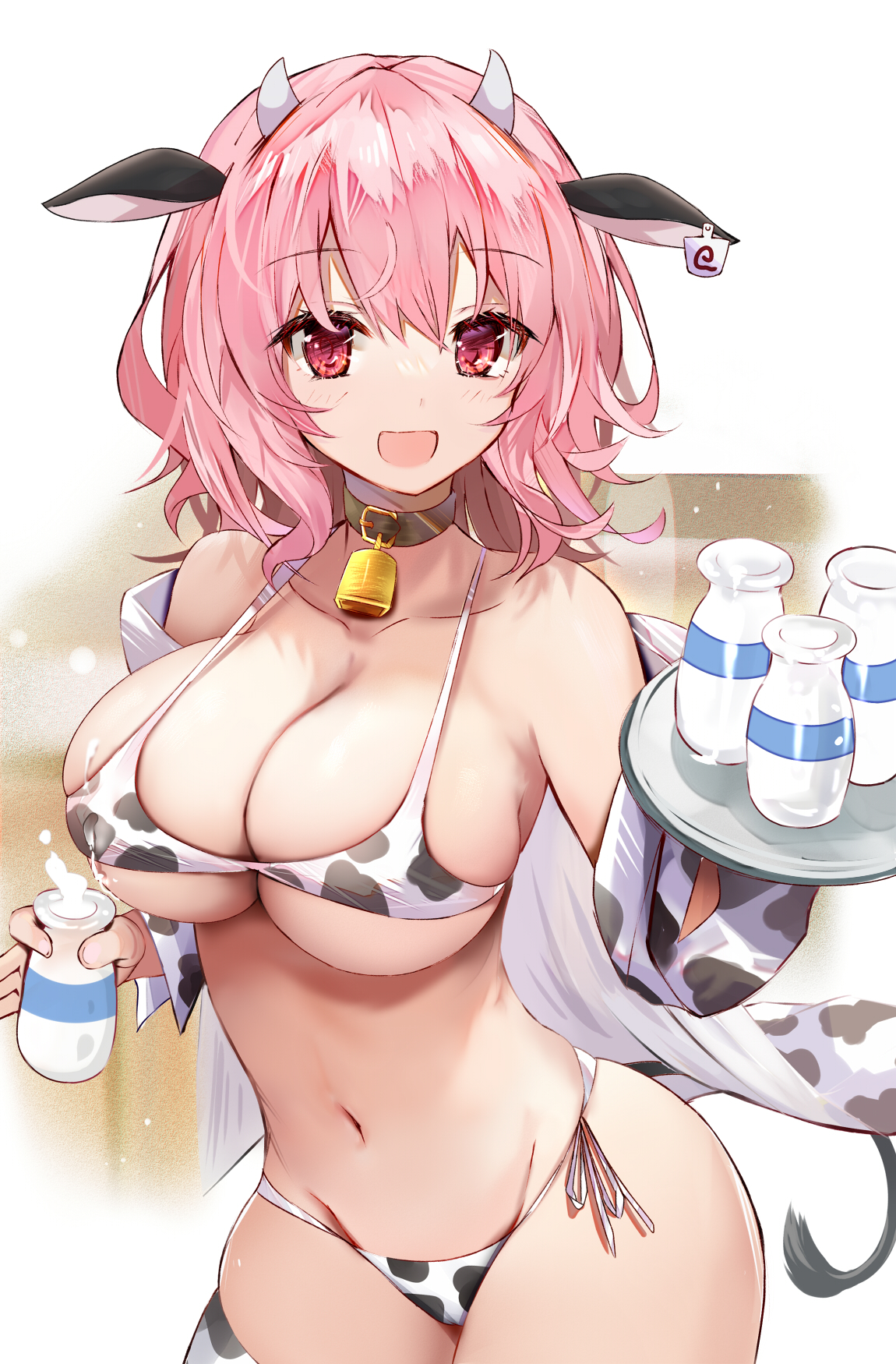 :d, animal ears, animal print, bangs, bare shoulders, bell, black collar, bottle, bra, breasts, cleavage, collar, collarbone, cow ears, cow horns, cow print, cow tail, cowbell, ear tag, efe, female, highres, horns, large breasts, looking at viewer, milk, milk bottle, navel, neck bell, off shoulder, open mouth, panties, pink hair, red eyes, revision, skindentation, smile, solo, strap gap, tail, thighhighs, touhou, tray, underboob, underwear, yuyuko saigyouji