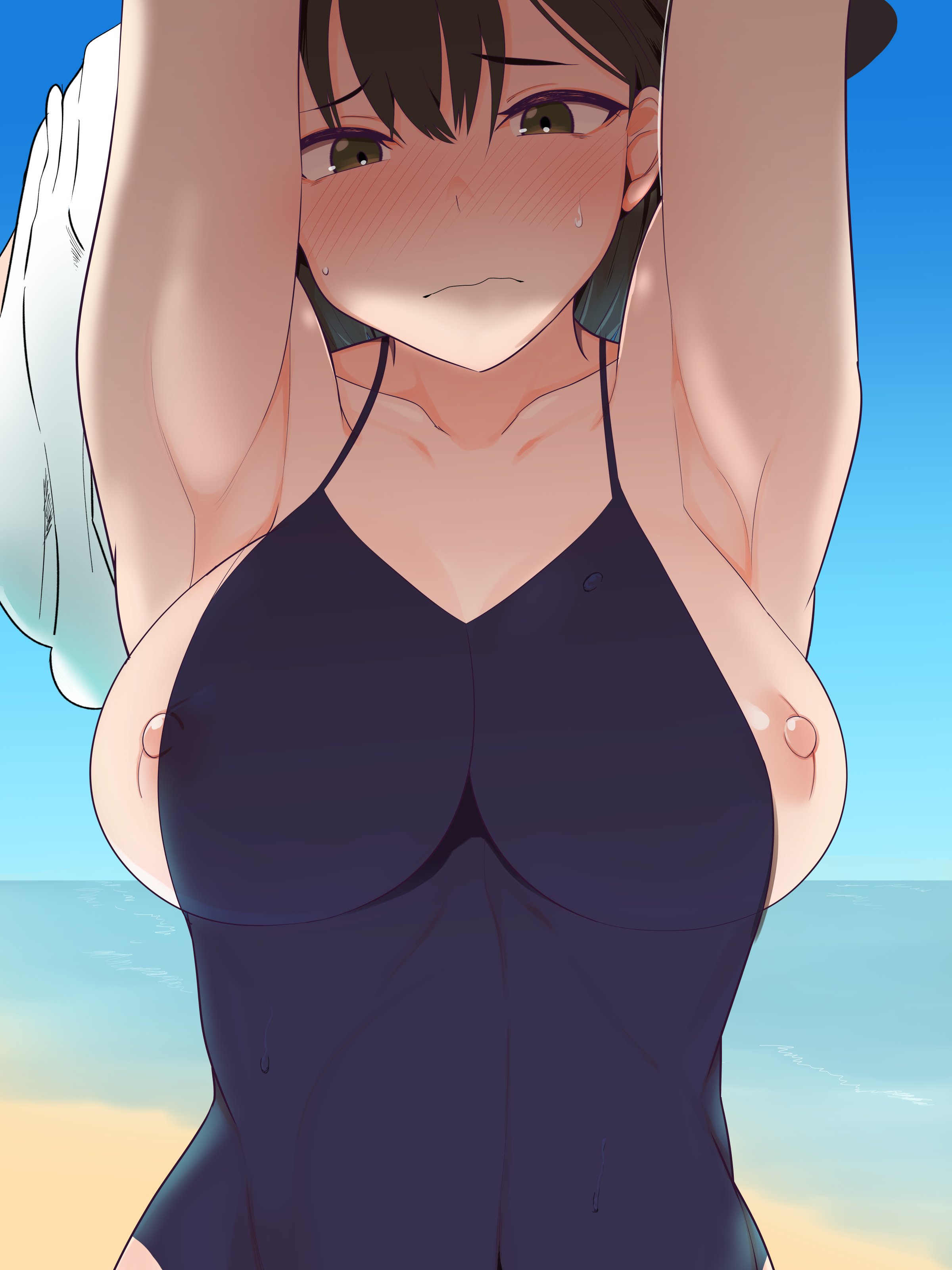 1girls, absurdres, armpits, arms up, banned artist, beach, between breasts, blue sky, blush, breasts, brown eyes, brown hair, day, female, female only, hekiga (freelot), highres, large breasts, nipples, ocean, one breast out, one-piece swimsuit, renko usami, school swimsuit, sky, solo, swimsuit, touhou, undersized clothes, wardrobe malfunction