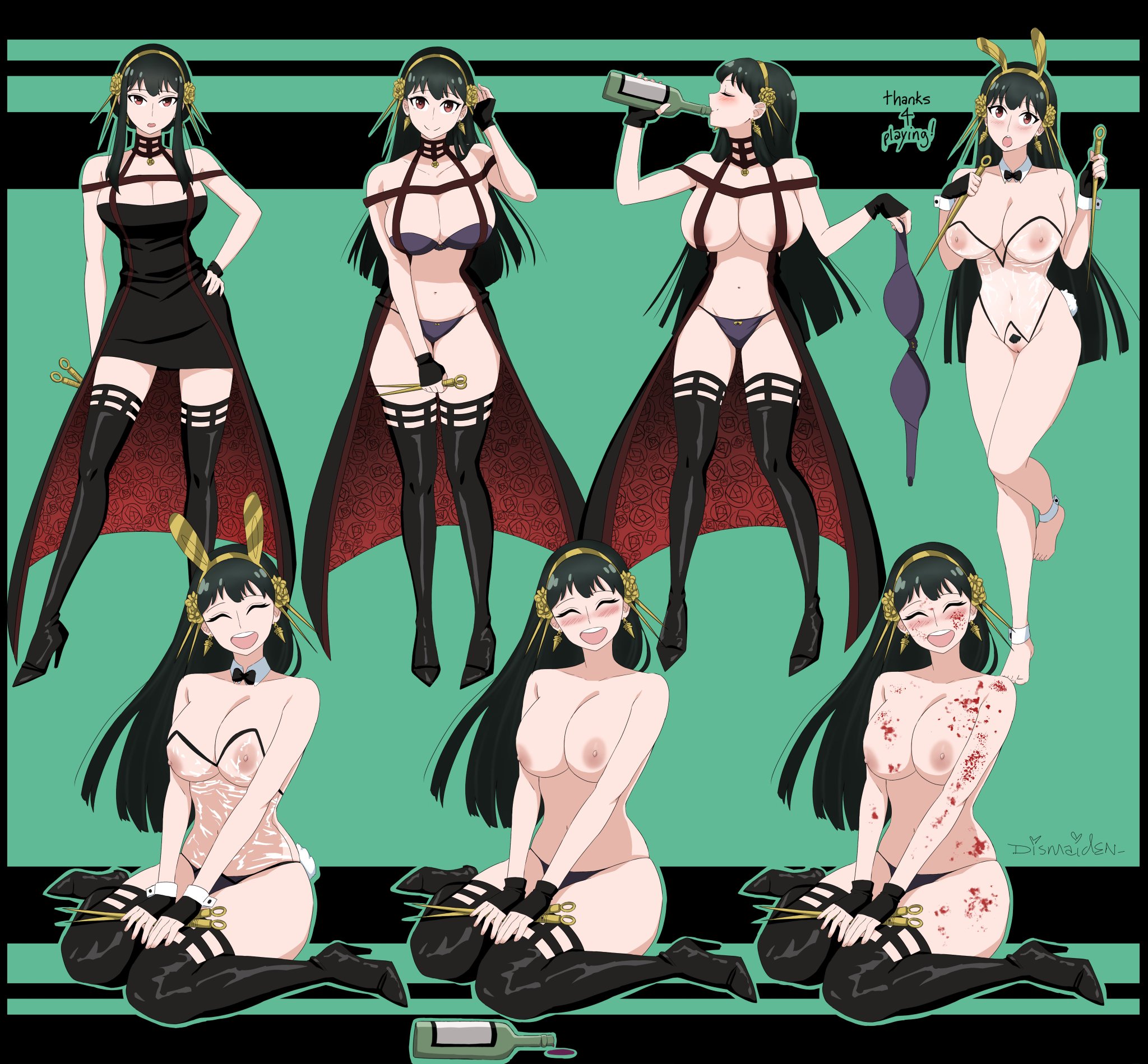 1girls, alternate costume, alternate outfit, assassin, big breasts, black hair, blood, blush, boots, bra, breasts, bunny ears, bunnysuit, cape, cleavage, compilation, dismaiden, drunk, female, female focus, female only, hairband, hand on hip, high heel boots, hourglass figure, knee boots, kneehighs, large breasts, light skin, light-skinned female, looking at viewer, nipples, nude, nude female, panties, pussy, see-through, see-through bunnysuit, see-through clothing, sitting, sitting down, smiling, smiling at viewer, sole female, solo, solo female, solo focus, spy x family, stiletto (weapon), strip game, stripping, thin waist, thong, thorn princess, underwear, undressing, undressing self, wide hips, wine, yor briar, yor forger