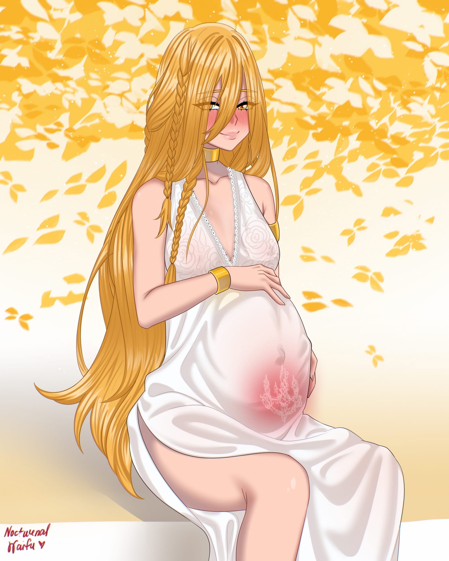 1girls, blonde hair, blush, branding mark, breasts, clothed, clothing, deity, disnyrin (nocturnalwaifu), elden ring, empyrean, female, female focus, female only, fromsoftware, genderswap, genderswap (mtf), human, jewelry, light skin, light-skinned female, lipstick, long hair, looking at viewer, miquella, no bra, no panties, pale skin, pale-skinned female, pregnant, pregnant belly, pubic tattoo, rule 63, simple background, smile, solo, solo female, solo focus, very long hair, white background, white dress, white skin, wide hips, yellow eyes, yellow hair