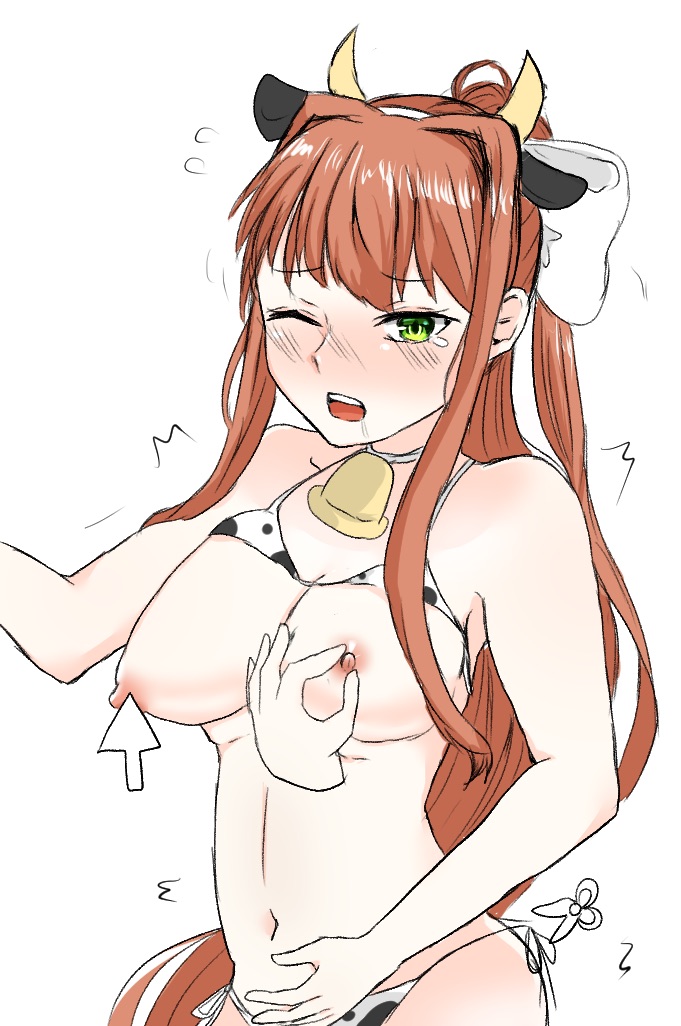 bell blank_background bow brown_hair closed_eye cow_bell cow_bell_collar cow_ears cow_headband cow_horns cow_print cow_print_bra cow_print_panties cowprint cursor doki_doki_literature_club drool drooling green_eyes monika_(doki_doki_literature_club) moonika mouse_cursor nipples pinching_nipples poking_nipples ponytail saliva scissors shudder shuddering tears_in_eyes tears_of_pleasure twitching white_background