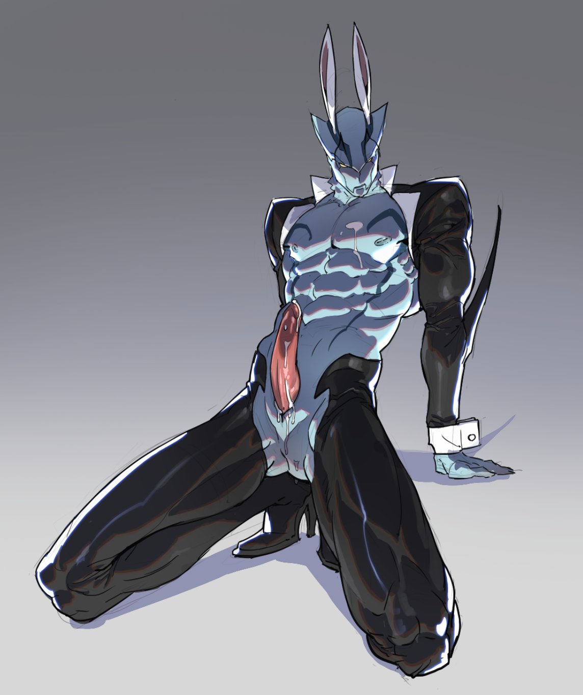 1boy animal_penis antenna anthro blood_blockade_battlefront blue_body blue_skin blush bunny_ears cum ejaculation erection fin fish gills hands-free high_heels kekkai_sensen leaning_back male male_only marine markings muscular muscular_anthro overgank paja192 presenting_penis solo_male squatting tuxedo yellow_eyes zed_o'brien