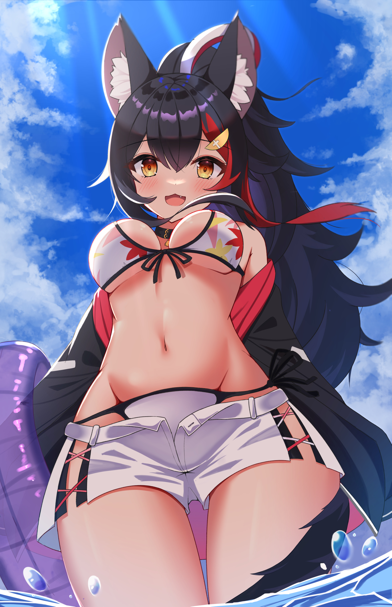 :3, animal collar, animal ear fluff, animal ears, bangs, bikini, black collar, black hair, black jacket, blue background, blue sky, blush, breasts, cloud, cloudy sky, collar, commentary, cowboy shot, cross print, cross-laced clothes, cross-laced shorts, female, from below, front-tie bikini, front-tie top, groin, hair between eyes, hair ornament, highres, hololive, hololive gamers, hololive japan, innertube, jacket, kawaiipony2, long hair, looking at viewer, medium breasts, multicolored hair, navel, oerba yun fang, off shoulder, ookami mio, open clothes, open mouth, open shorts, orange eyes, red hair, shorts, side-tie bikini, sky, solo, stomach, streaked hair, sunlight, swimsuit, tail, thigh gap, thighs, tight, two-tone background, two-tone hair, virtual youtuber, wading, water, white background, white bikini, white shorts, wolf ears, wolf girl, wolf tail