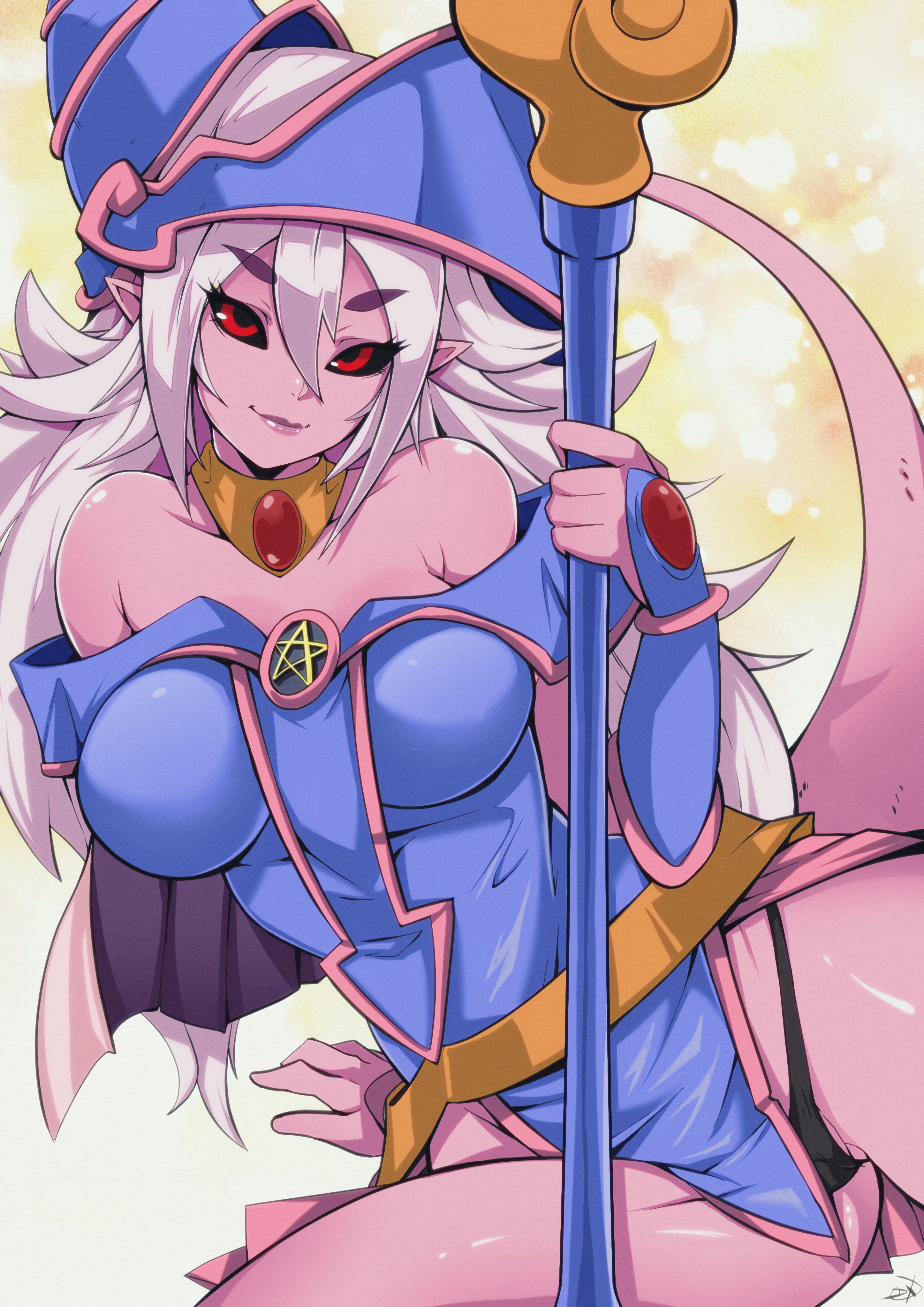 1girls, android 21, android 21 (evil), big breasts, breasts, clothed, crossover cosplay, dark magician girl (cosplay), delux, dragon ball, dragon ball fighterz, female, long hair, looking at viewer, majin, majin android 21, pink hair, pink skin, red eyes, smile, solo, staff, tagme, yu-gi-oh!