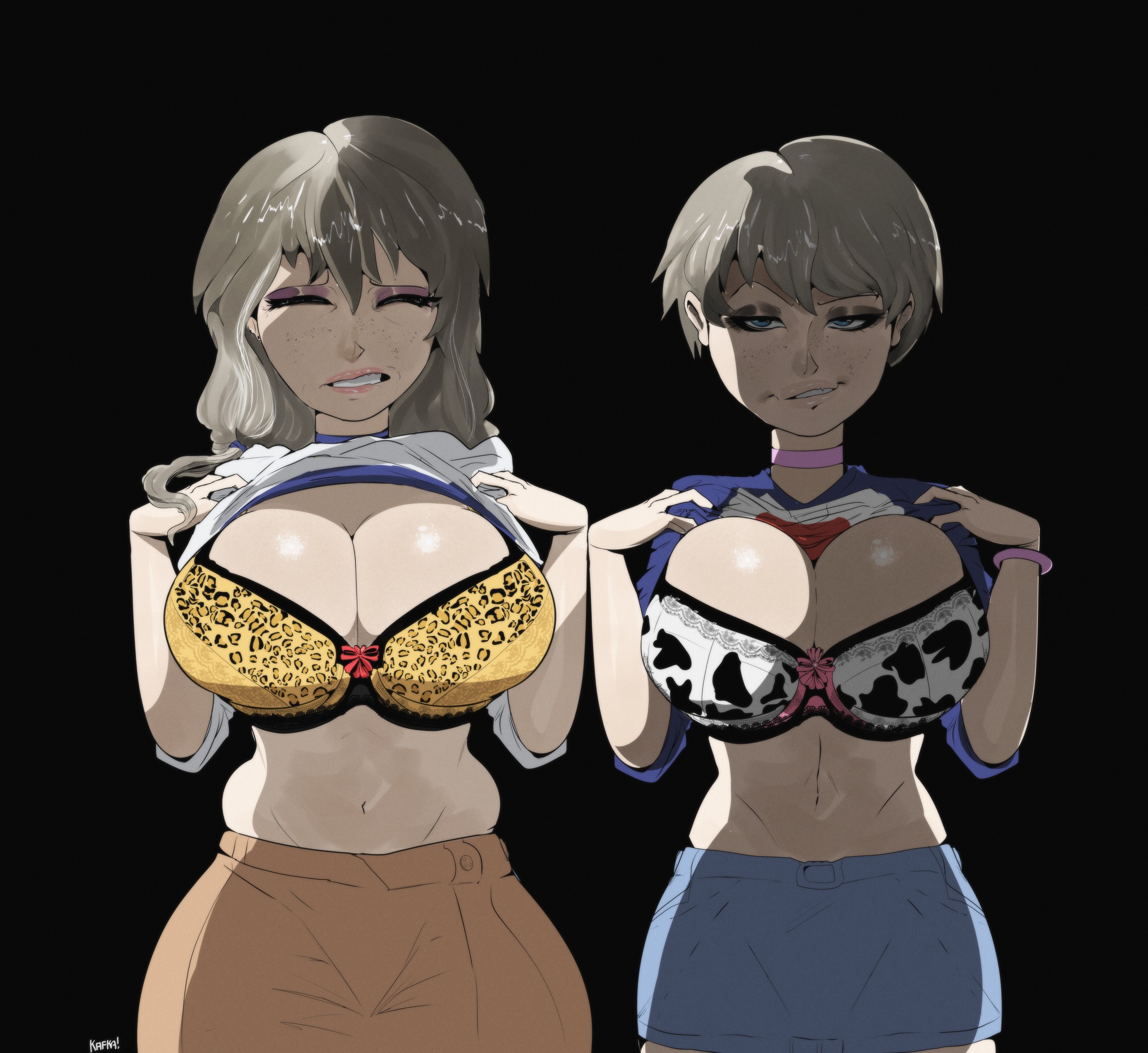 2girls, big breasts, black background, bra, breasts, brown hair, cleavage, cow print, eyeshadow, female, freckles, huge breasts, kafka art, leopard print, miniskirt, mother and daughter, nervous, older female, shirt lift, shirt up, smile, uzaki hana, uzaki tsuki, uzaki-chan wa asobitai!