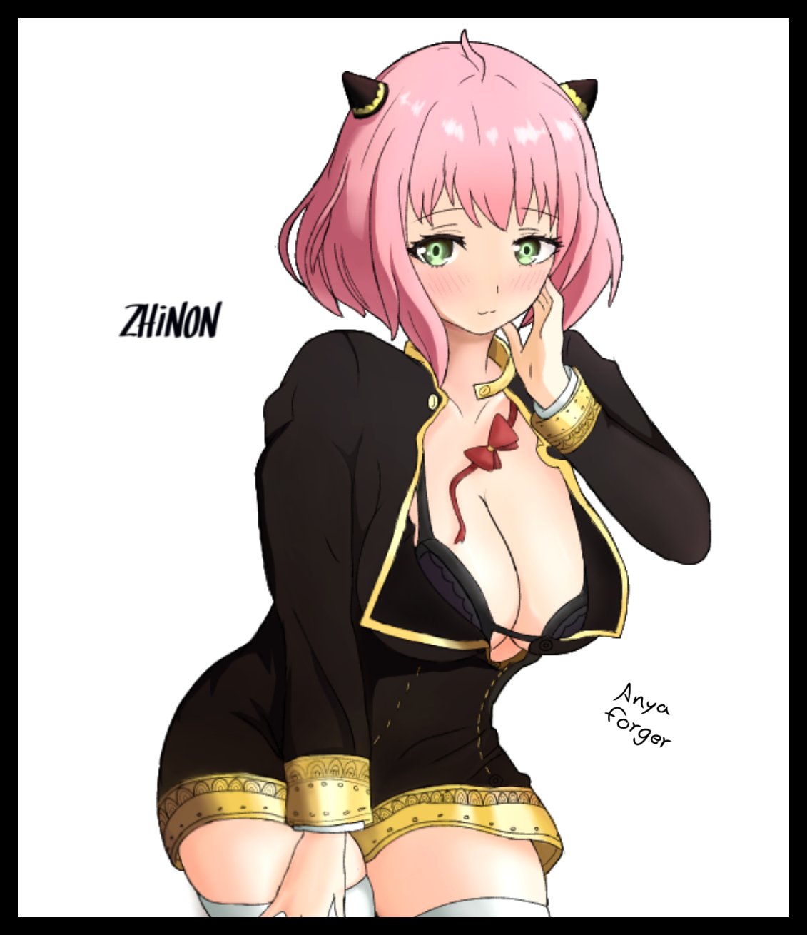 1girls, aged up, alternate breast size, anya forger, blush, bra, breasts, cleavage, female, female only, looking at viewer, solo, spy x family