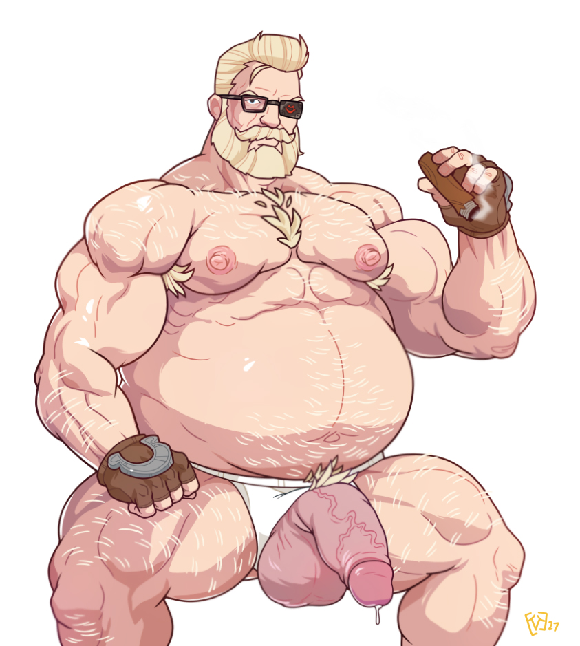 1boy, bara, beard, blonde hair, chubby, eyepatch, facial hair, fat, fat male, glasses, goldlewis dickinson, guilty gear, hairy, male, male focus, male only, overweight, precum, solo male, vinceart2, yaoi