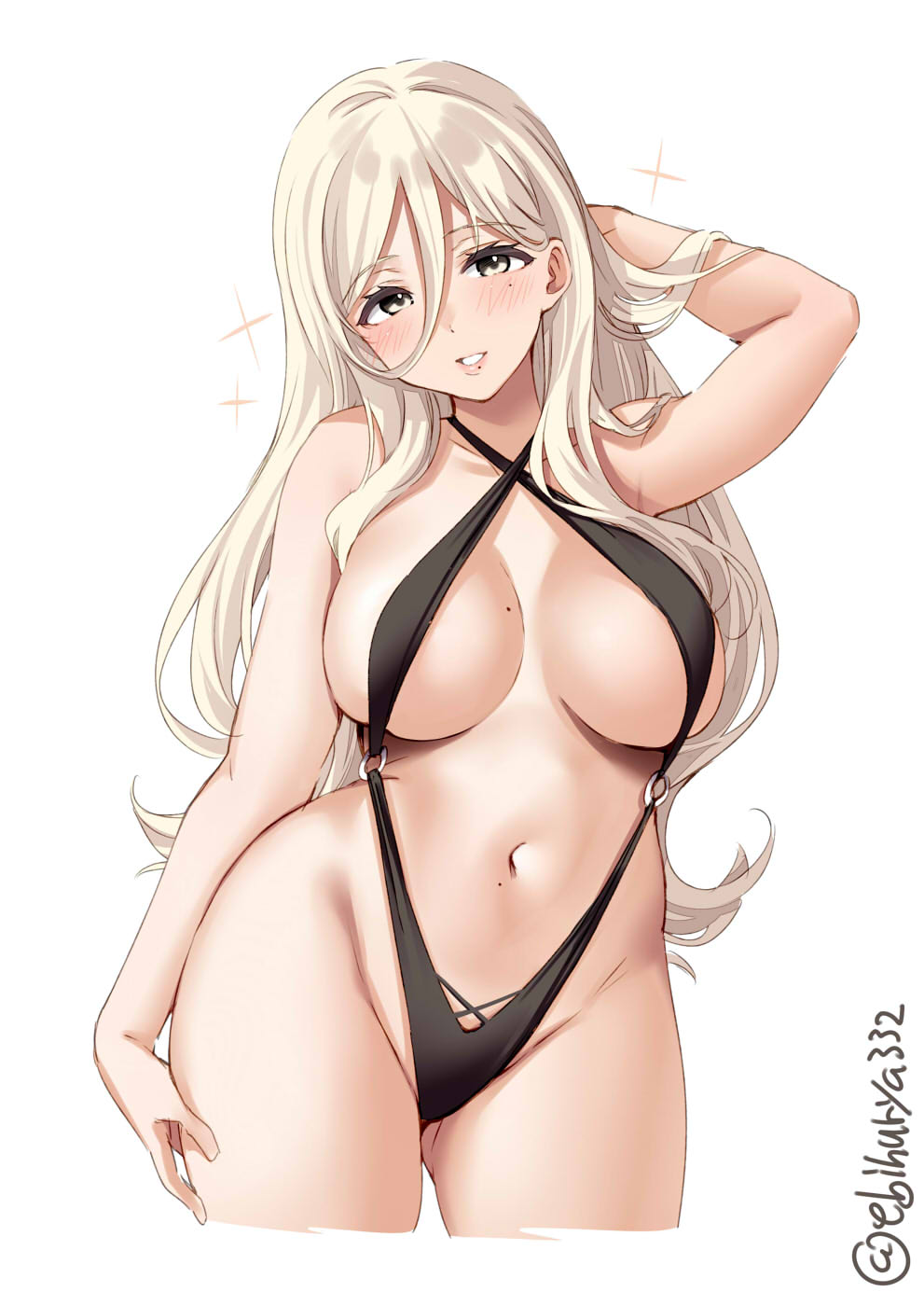 alternate costume, arm behind head, black swimsuit, blonde hair, blue eyes, blush, breasts, casual one-piece swimsuit, clothing cutout, collarbone, cowboy shot, cropped legs, ebifurya, female, hair between eyes, hand on own thigh, highres, kantai collection, large breasts, lips, long hair, mole, mole under eye, mole under mouth, navel, one-hour drawing challenge, one-piece swimsuit, richelieu (kantai collection), shirt, simple background, sling bikini, slingshot swimsuit, smile, solo, sparkle, stomach cutout, swimsuit, twitter username, underboob cutout, white background