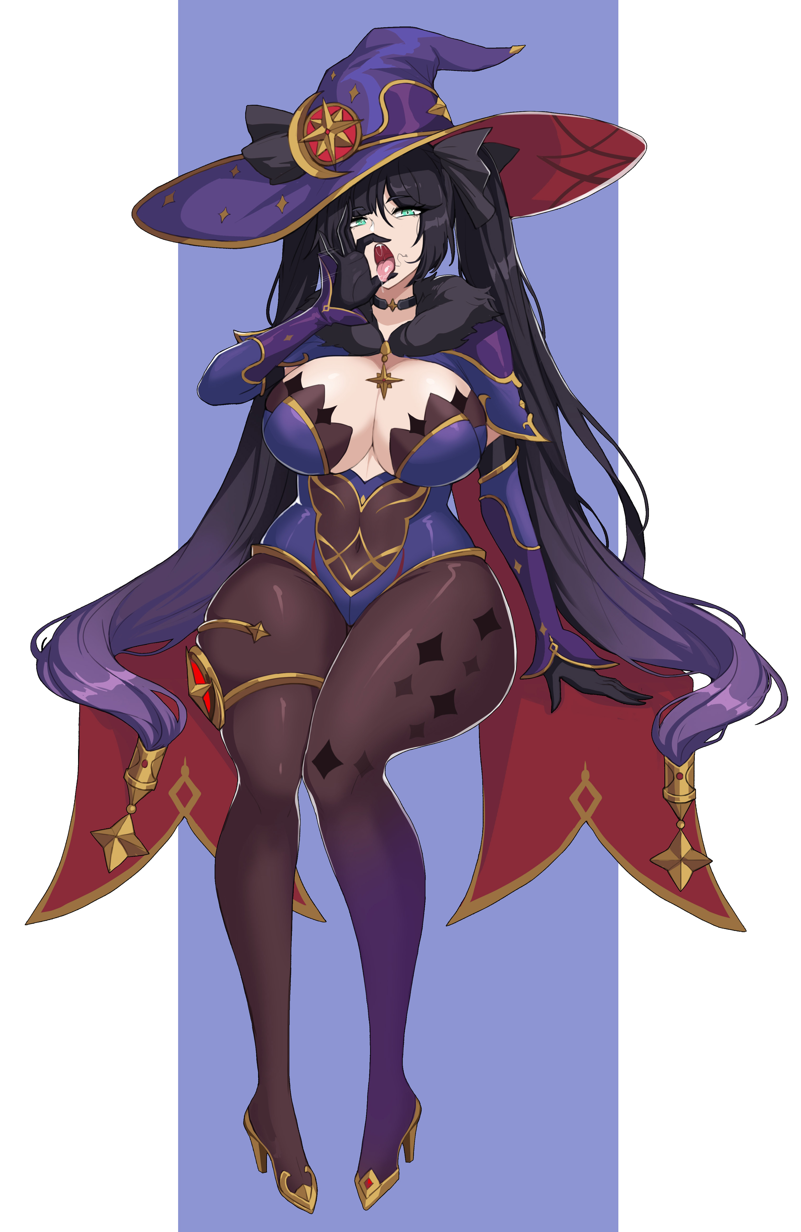 1girls, big breasts, breasts, cleavage, curvy, drogod (artist), fellatio gesture, female, female only, genshin impact, gloves, hat, hi res, highres, large breasts, leotard, long hair, mona (genshin impact), pantyhose, solo, solo female, thick, thick thighs, tongue, tongue out, twintails, voluptuous, wide hips