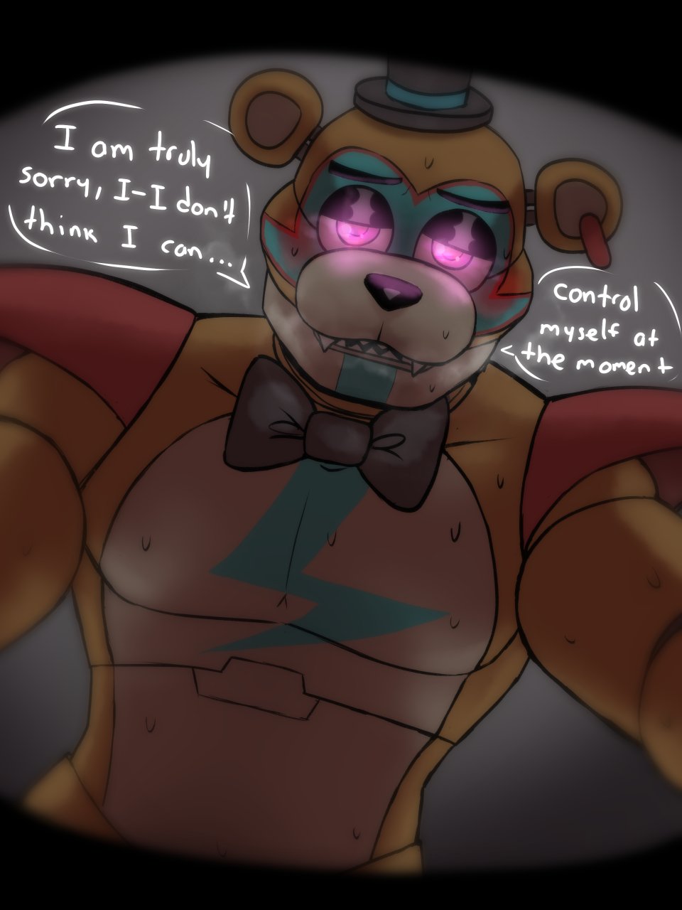 animatronic, anthro, anthro only, artificial intelligence, ear piercing, earring, five nights at freddy's, five nights at freddy's: security breach, fnaf, glamrock freddy (fnaf), grey background, hat, magenta eyes, male, male focus, male only, multicolored body, no humans, orange body, pov, shoulder pads, speech bubble, text, text bubble, top hat