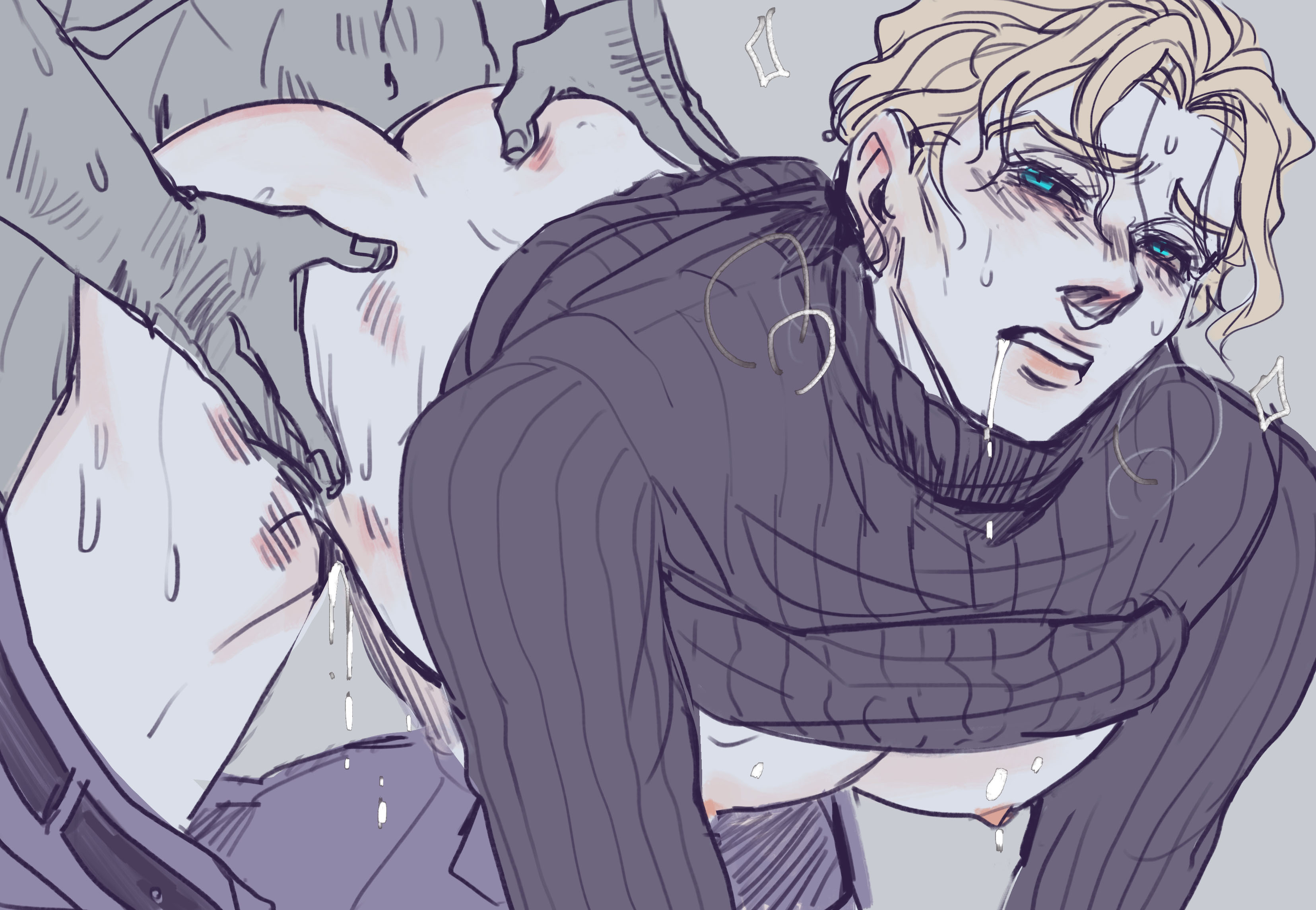 2boys, adsword, ass, blonde, blonde hair, blonde male, blonde-haired male, blue eyes, blush, blushing, bruise, bruises, clothed sex, clothing, cum drip, diamond is unbreakable, drool, drooling, from behind, from behind position, fucked from behind, gay anal, gay sex, hand on ass, implied sex, jacket, jojo's bizarre adventure, lactating, lifting shirt, male, male lactation, male nipples, male only, male penetrated, male penetrating, male penetrating male, male/male, nipples, pants down, pink nipples, pretty boy, round ass, round butt, sex, sex from behind, shirt, shirt lift, thrusting, thrusting into ass, turtleneck, yaoi, yoshikage kira
