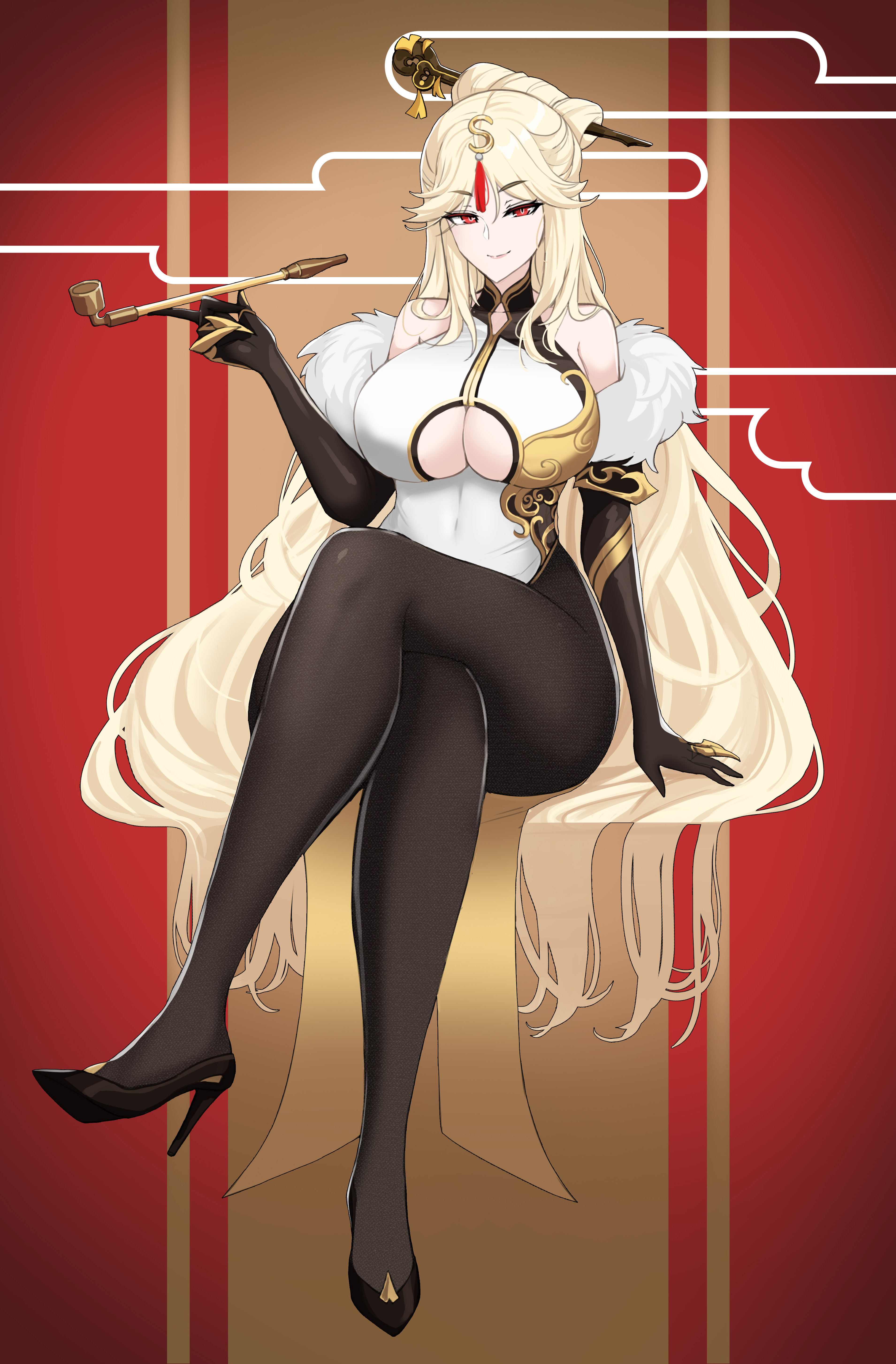 1girls, big breasts, boob window, breasts, clothing cutout, crossed legs, drogod (artist), female, female only, genshin impact, hair ornament, hi res, high heels, highres, kiseru, large breasts, long hair, looking at viewer, ningguang (genshin impact), pantyhose, pipe, red eyes, sitting, solo, solo female, thick, thick thighs, voluptuous, white hair