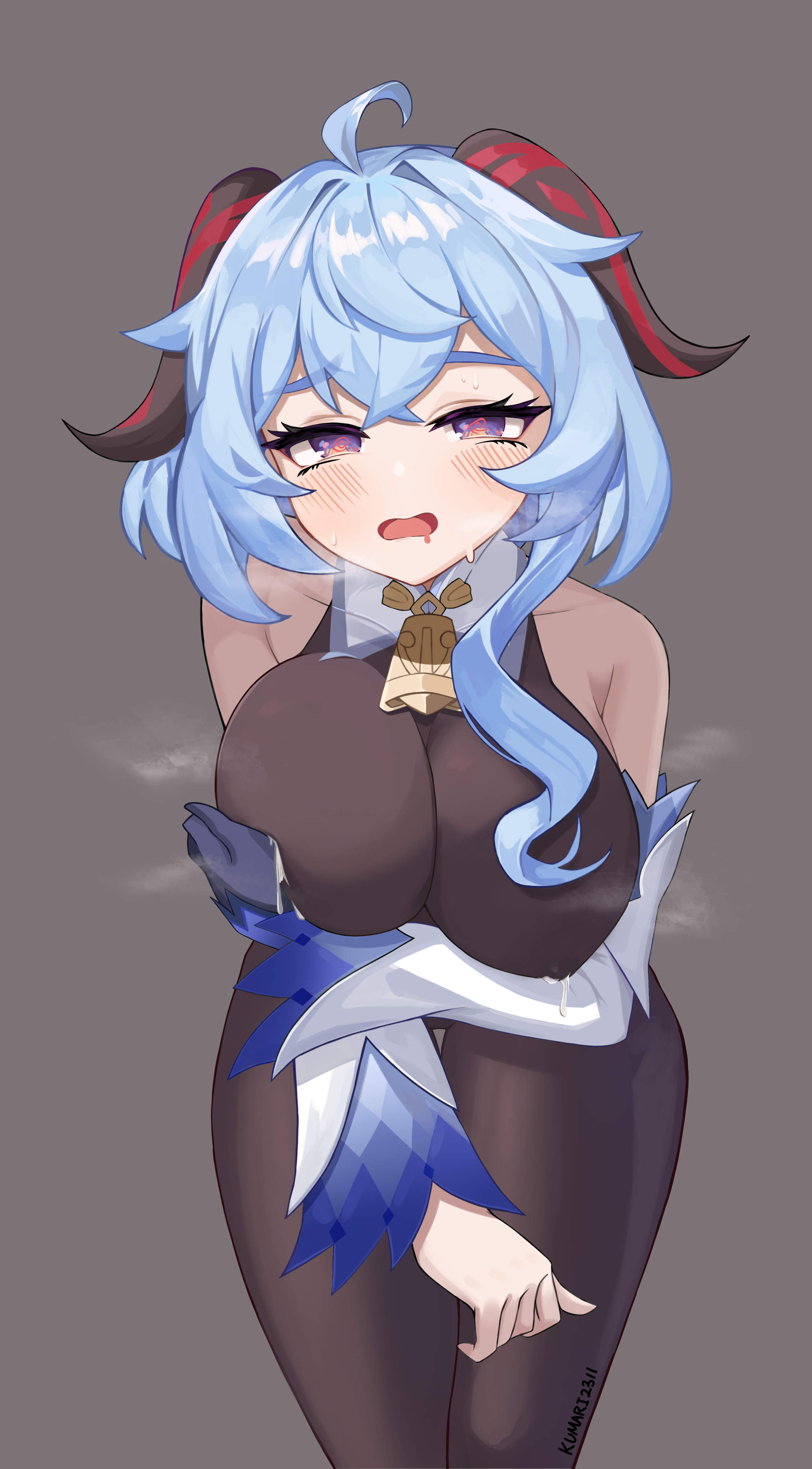 @ @, absurdres, ahoge, artist name, bangs, bare shoulders, bell, black legwear, blue gloves, blue hair, blush, bodystocking, bodysuit, breasts, covered erect nipples, covering, covering breasts, detached sleeves, female, ganyu (genshin impact), genshin impact, gloves, goat horns, grey background, highres, horns, kumari2311, lactation, lactation through clothes, large breasts, long hair, looking at viewer, neck bell, open mouth, purple eyes, saliva, single glove, solo, standing, steaming body, sweat, thigh gap, thighs, very long hair, white sleeves