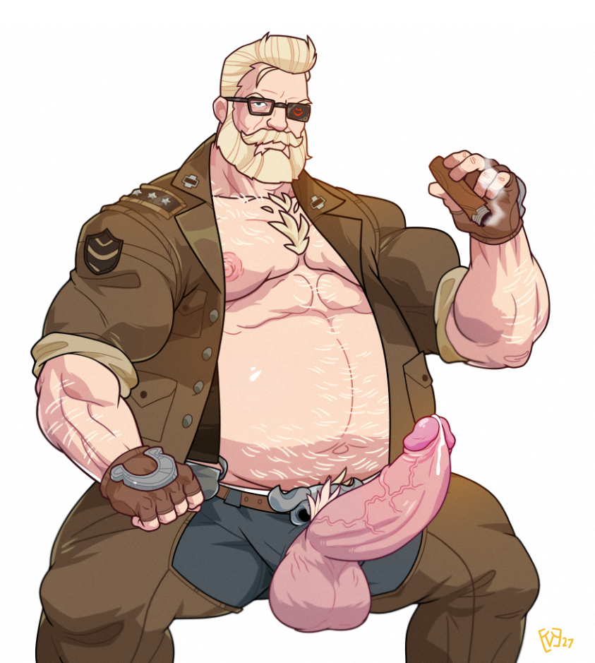 1boy beard blonde_hair chubby erect_penis erection facial_hair fat goldlewis_dickinson guilty_gear hairy male male_focus male_only overweight penis_out precum vinceart2