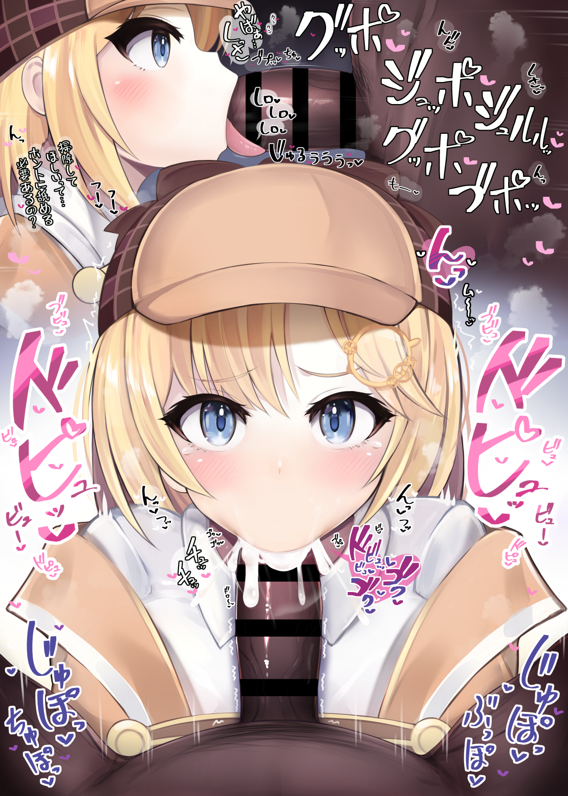 :>=, 1boy, 1girls, blonde hair, blowjob, blue eyes, censor bar, censored, cum, cum in mouth, dark skin, dark-skinned male, fellatio, fellatio gesture, female, hiiro h, hololive, hololive english, hololive myth, interracial, light skin, light-skinned female, male, oral, penis, short hair, virtual youtuber, watson amelia