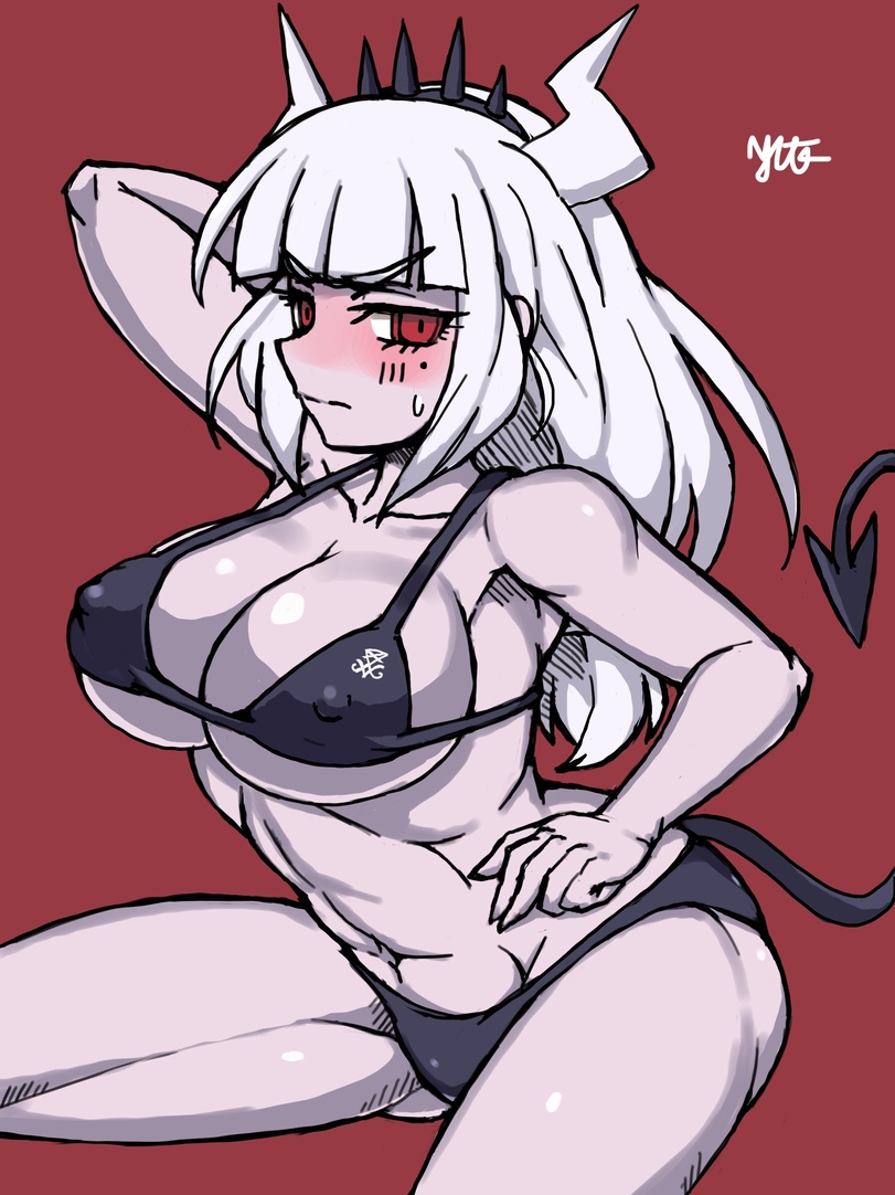 big breasts, blush, breasts, female, helltaker, lucifer (helltaker), muscular, muscular female
