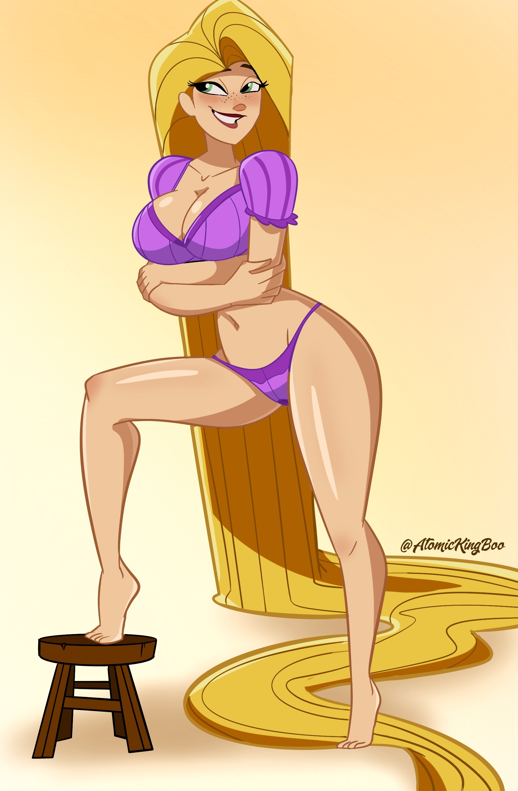 1girls, artist name, atomickingboo, big breasts, blonde female, blonde hair, breasts, busty, cleavage, disney, disney princess, eyelashes, eyes, female, green eyes, hair, hips, hourglass figure, legs, lips, long hair, princess, rapunzel, tangled, text, thick legs, thick thighs, thighs, very long hair, voluptuous, wide hips