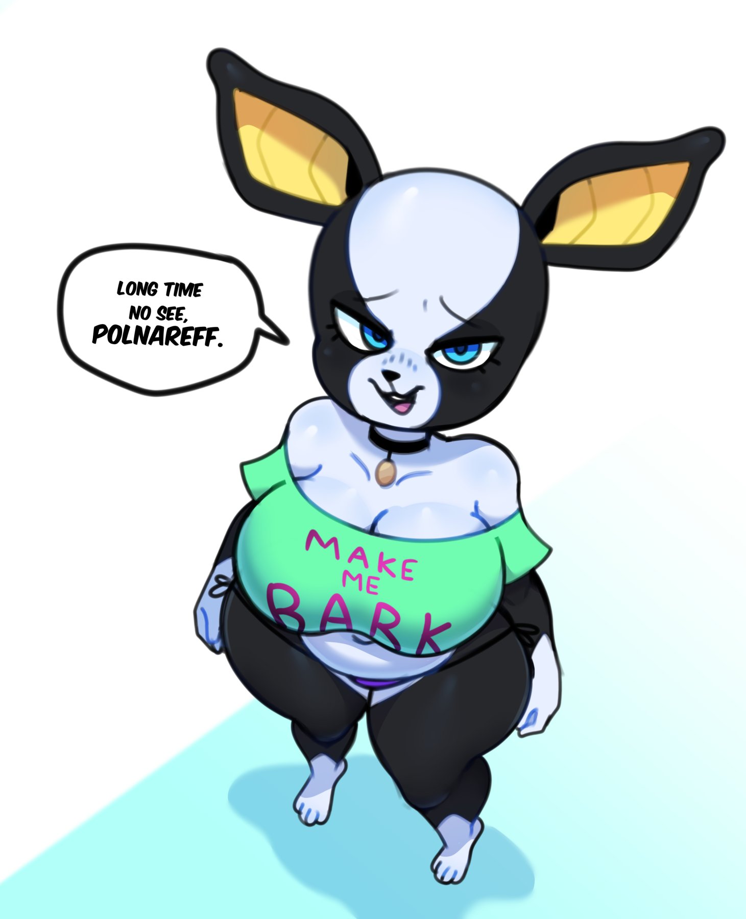1girls, anthro, anthro only, big breasts, bikini bottom, blue eyes, breasts, canine, cleavage, collar, dialogue, dog, domestic dog, female, female only, fur, furry, genderswap, genderswap (mtf), iggy (jjba), jojo's bizarre adventure, looking at viewer, looking up, mammal, no pants, panties, rule 63, shirt, shortstack, shounen jump, side-tie bikini, slightly chubby, somescrub, stardust crusaders, text, text on clothing, thick thighs, wide hips