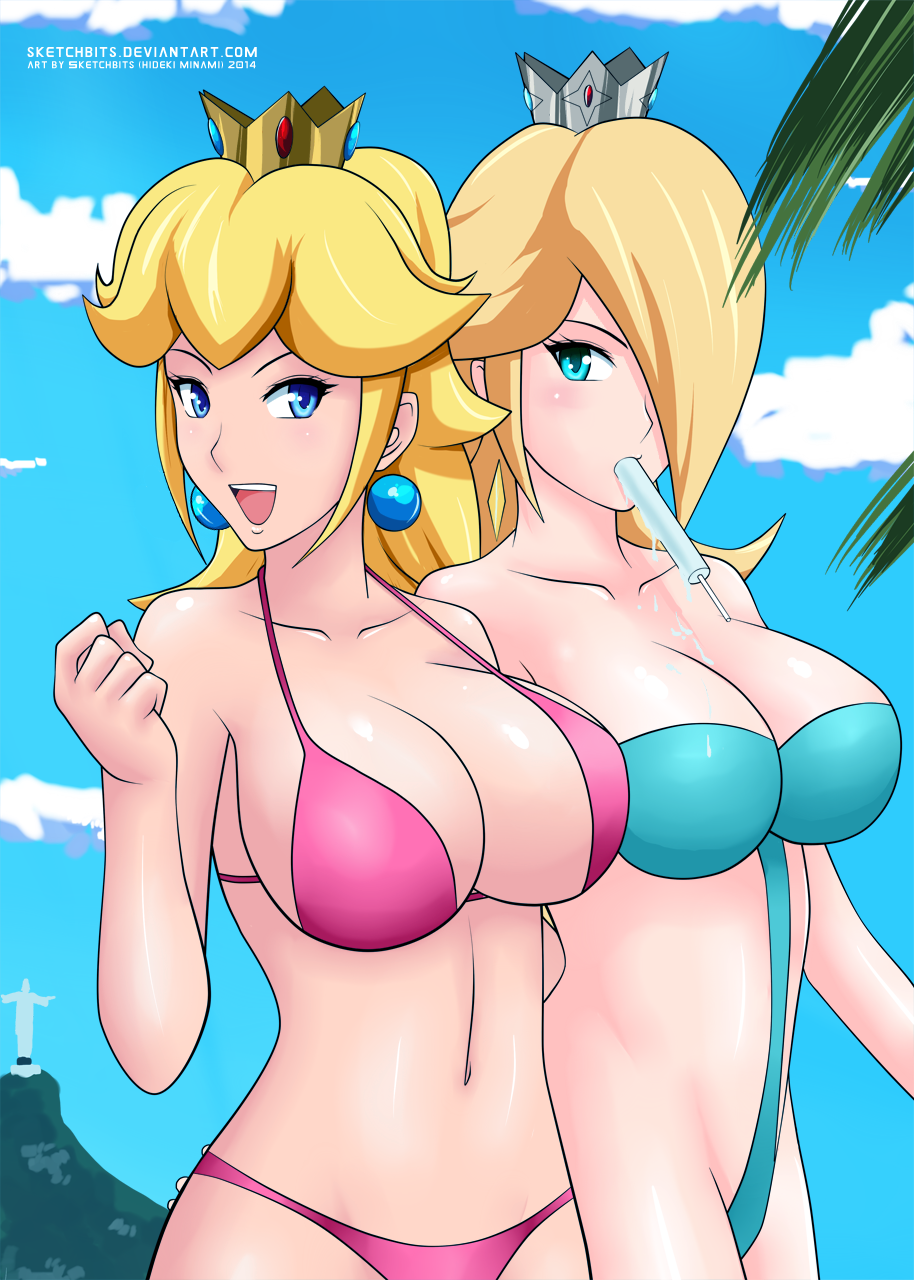 2girls big_breasts bikini blonde_hair blue_bikini blue_eyes blue_sky breasts busty christ_the_redeemer cleavage cloud female female_only hair_over_one_eye highres large_breasts long_hair looking_at_viewer mario_(series) multiple_girls navel nintendo outdoors pink_bikini popsicle princess princess_peach princess_rosalina rio_de_janeiro sketchbits smile statue swimsuit