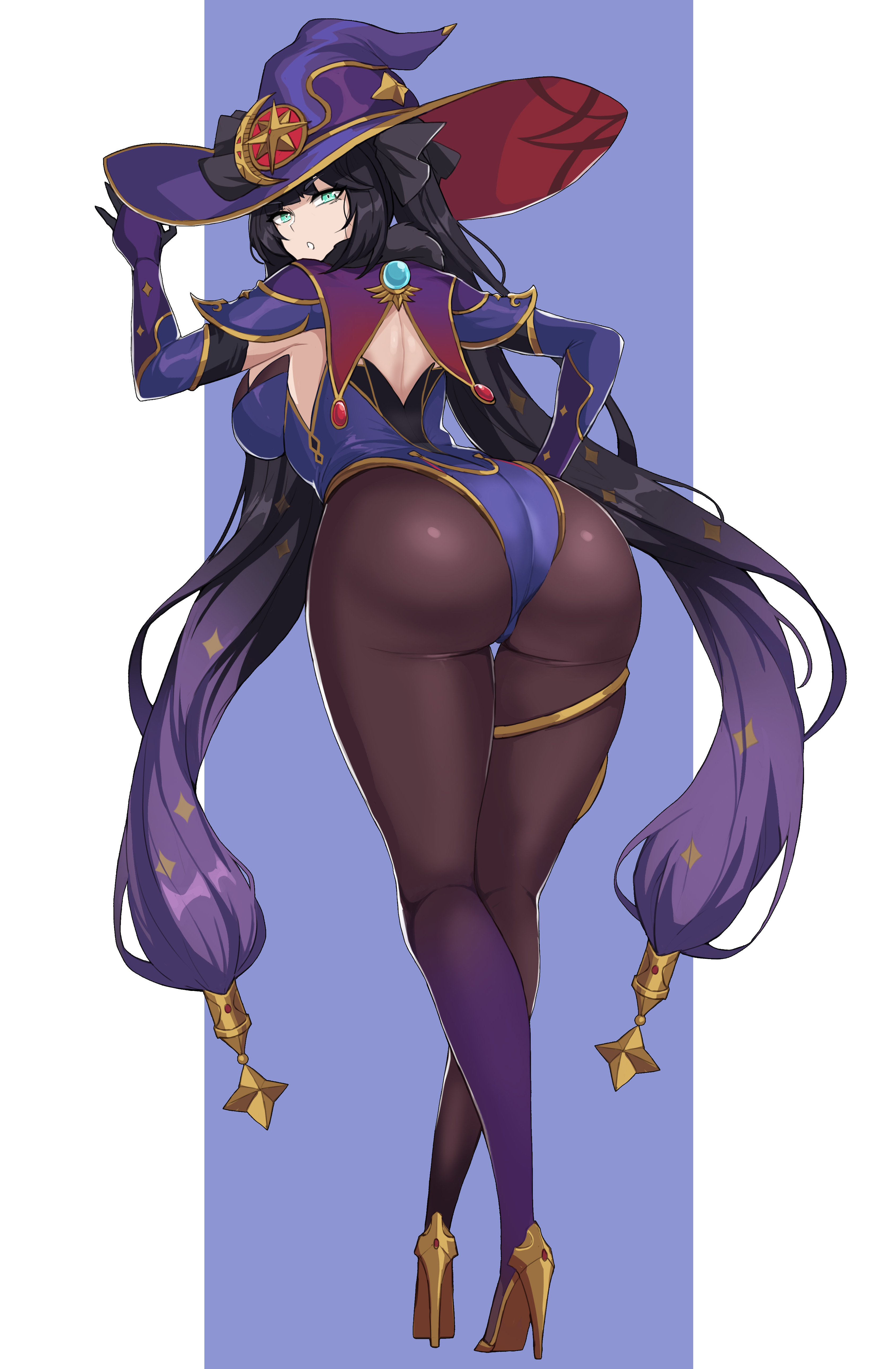 1girls, ass, back view, big ass, big breasts, big butt, breasts, curvy, drogod (artist), female, female only, genshin impact, hat, hi res, high heels, highres, large breasts, leotard, long hair, looking at viewer, looking back, mona (genshin impact), pantyhose, solo, solo female, thick, thick ass, twintails, voluptuous