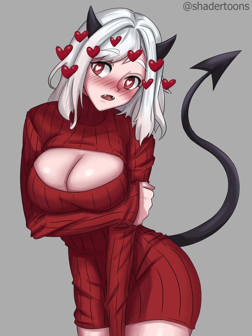 boob window, breasts, female, helltaker, large breasts, modeus (helltaker), straight hair, sweater, sweater dress