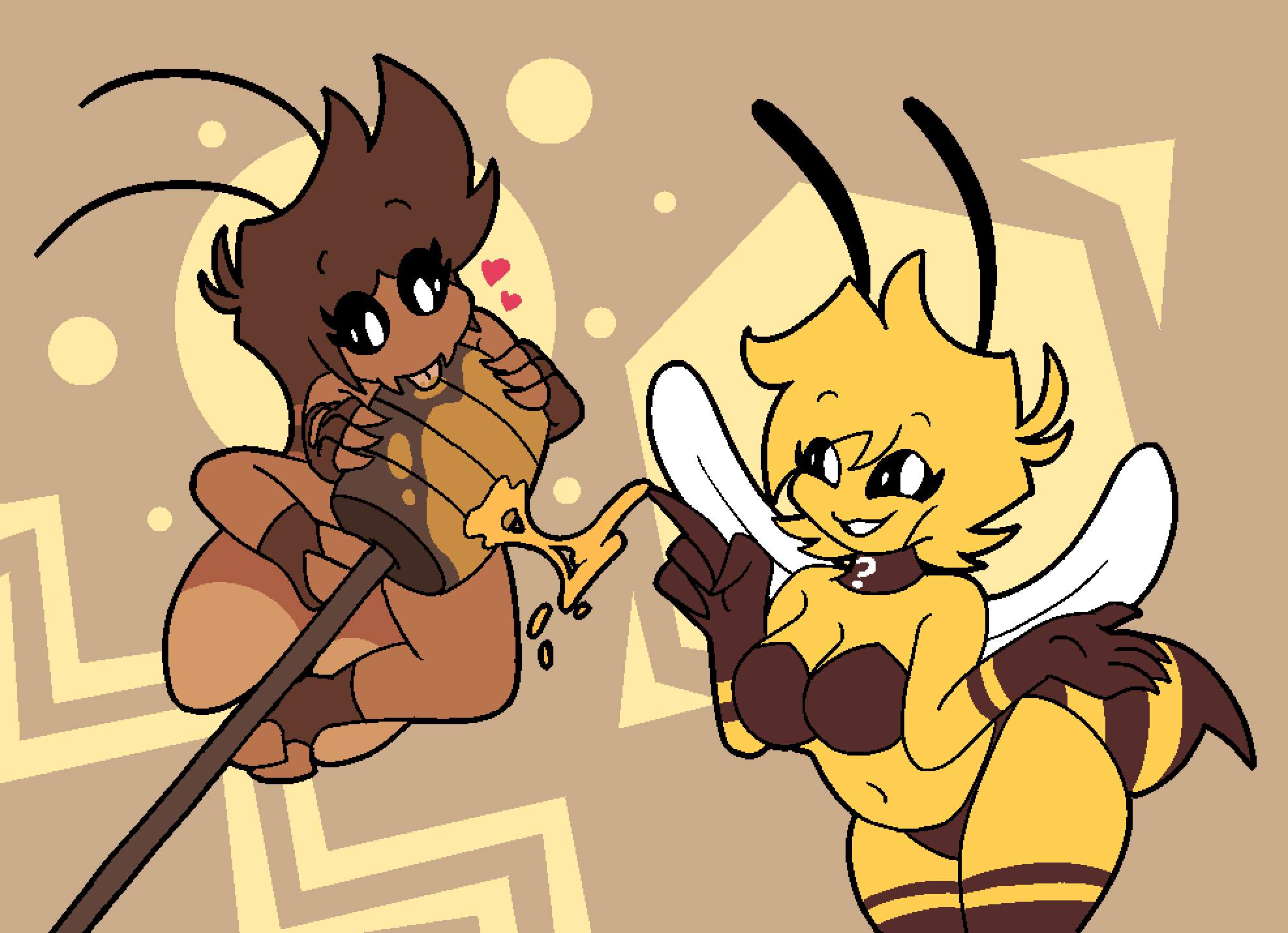 2girls bee bee_girl bee_humanoid bees bettie_(imbynova) cockroach cockroach_humanoid honey imbynova licking original_character rachie tagme tiny_female tongue unusual_skin_color wholesome