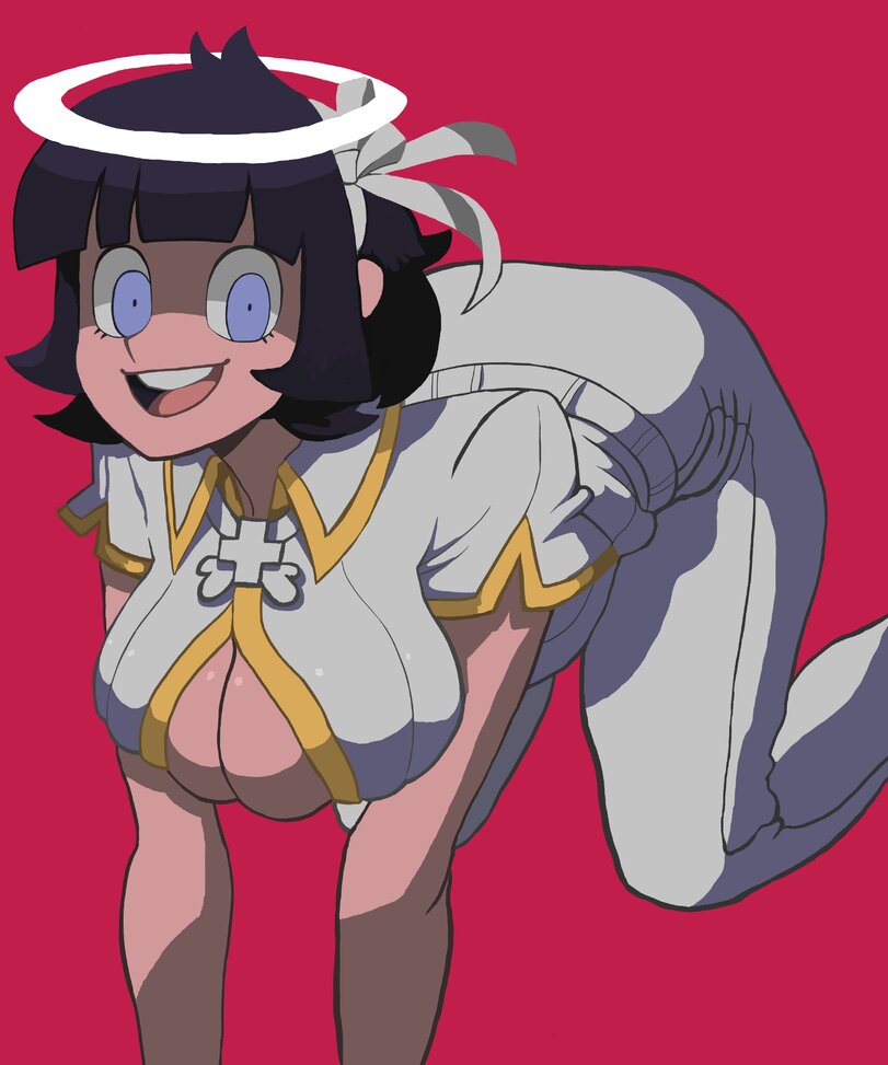 angel, azazel (helltaker), blue eyes, breasts, dark hair, doggy style, exposed breasts, female, halo, happy female, helltaker, pants, white clothing