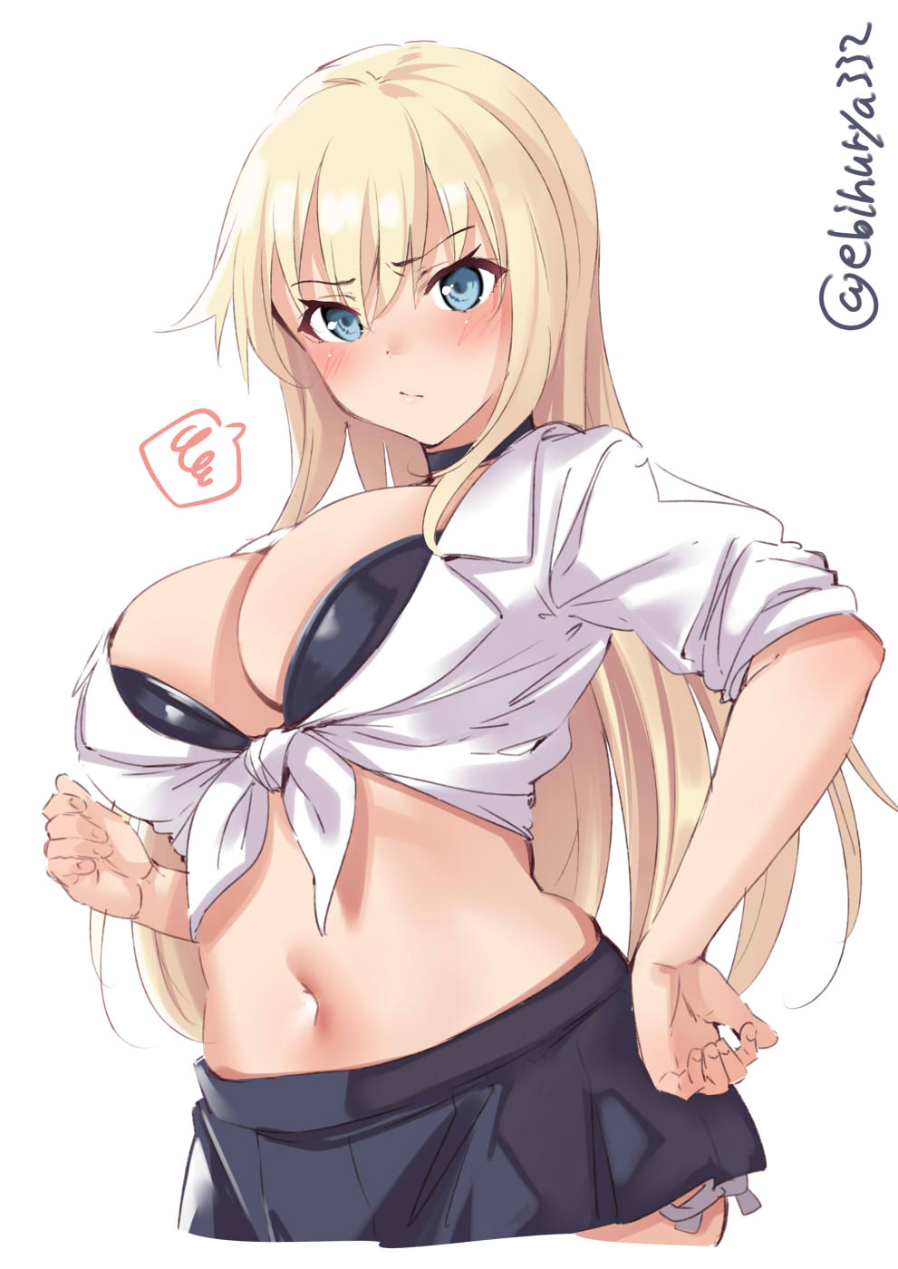 1girls big_breasts bismarck_(kantai_collection) black_skirt blonde_hair blouse blue_eyes blush bra breasts choker cleavage cowboy_shot ebifurya eyelashes eyeliner female female_only front-tie_top highres kantai_collection large_breasts lingerie long_hair makeup midriff miniskirt navel one-hour_drawing_challenge pleated_skirt school_uniform shirt simple_background skirt solo stomach tied_shirt twitter_username white_background