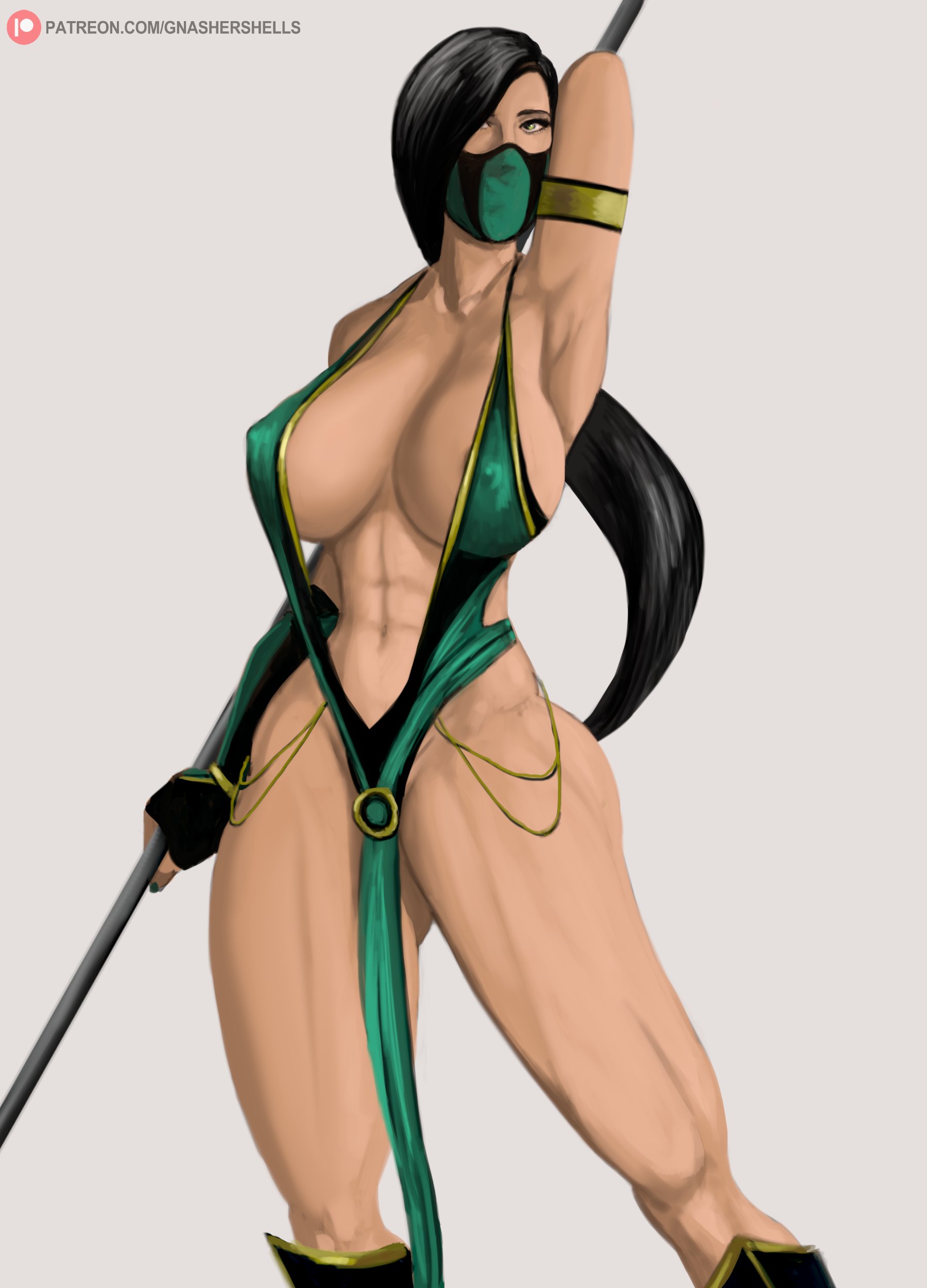 1girls, 2d, abs, almost naked, arm band, barely clothed, big breasts, black hair, breasts, buff, cleavage, dress, enormous breasts, female, gnashershells, huge breasts, jade (mortal kombat), large breasts, long hair, looking at viewer, mask, mortal kombat, muscles, muscular, muscular female, nipple bulge, pose, posing, simple background, skimpy, skimpy clothes, spear, strong, thick thighs, top heavy, weapon, wide hips