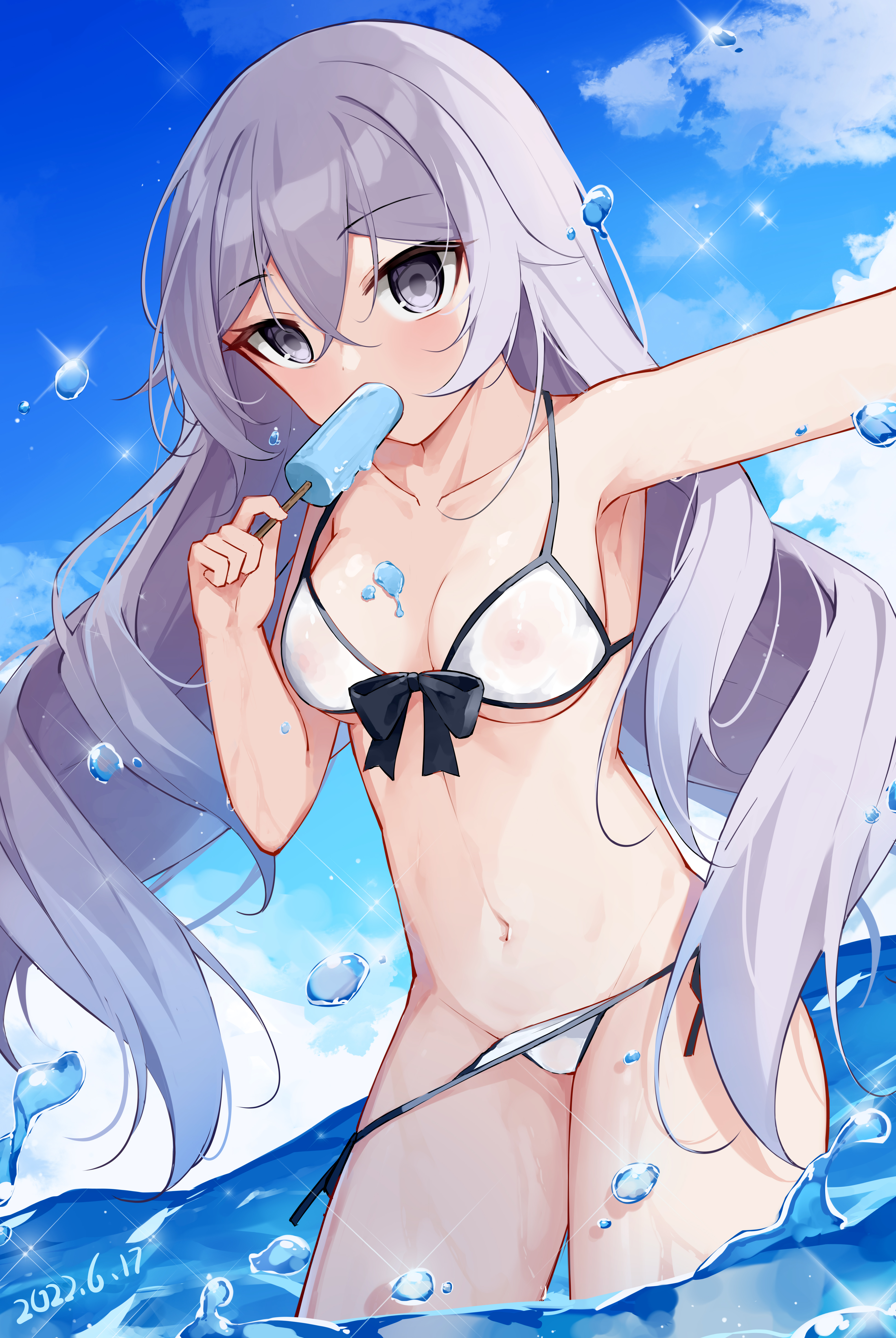 absurdres, armpits, bangs, bare shoulders, bikini, black ribbon, blue sky, blush, breasts, bronya zaychik, collarbone, cowboy shot, dated, day, eating, eyes visible through hair, female, food, food in mouth, front-tie bikini, front-tie top, grey eyes, grey hair, hair between eyes, highres, holding, holding ice cream, honkai (series), honkai impact 3rd, ice cream, long hair, looking at viewer, muou, navel, nipples visible through clothing, ocean, outdoors, popsicle, ribbon, side-tie bikini, sidelocks, sky, solo, standing, swimsuit, wading, wardrobe malfunction, water drop, wet, wet clothes, wet swimsuit, white bikini