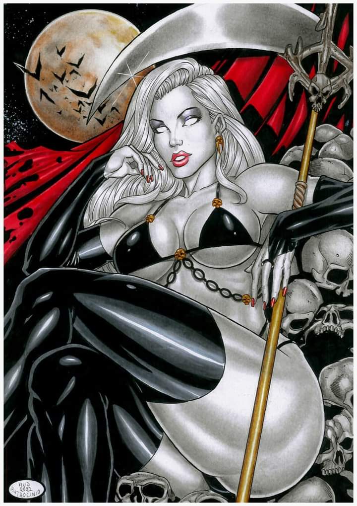 1girls big_breasts black_chain black_eyebrows black_eyelashes breasts breasts_apart chains chaos_comics coffin_comics death_(personification) dominant_female earrings ed_benes_studio eyebrows eyelashes eyes femme_fatale goddess grim_reaper lady_death latex_boots latex_gloves latex_stockings latex_thong looking_at_viewer no_pupils queen_of_the_dead red_lips red_nails rudimar_patrocinio scythe seductive_look sitting_on_skull skull skulls solo_female solo_focus wavy_hair white_eyes white_hair white_skin