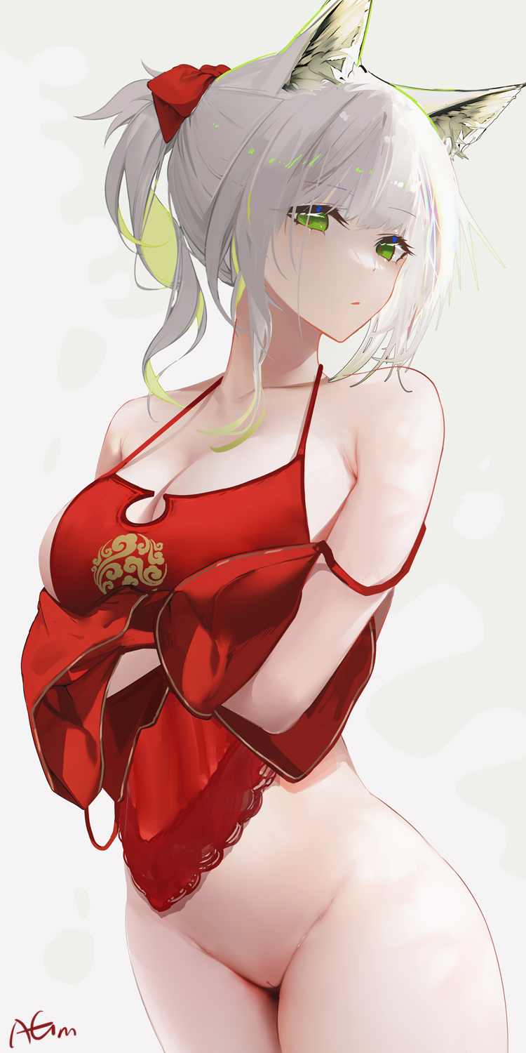 animal_ears arknights armpit_crease arms_under_breasts artist_name bottomless breasts cat_ears cat_girl cleavage cowboy_shot female green_eyes green_hair groin highres innie_pussy kal'tsit_(arknights) large_breasts looking_at_viewer medium_hair navel navel_piercing omone_hokoma_agm parted_lips piercing ponytail pussy red_pupils red_shirt shirt sidelocks simple_background solo strap_slip white_background