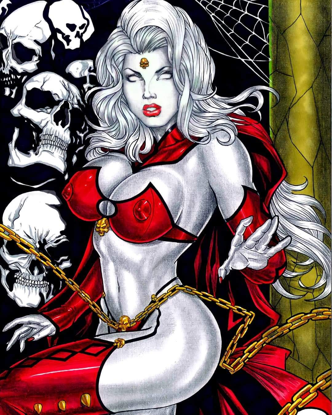 1girls 2d 2d_(artwork) chaos_comics coffin_comics death_(personification) dominant_female ed_benes_studio female female_focus female_only fit_female grim_reaper hi_res highres lady_death latex_gloves latex_suit latex_thong lbindi long_hair queen_of_the_dead red_latex red_latex_armwear red_latex_legwear red_lipstick rudimar_patrocinio solo solo_female solo_focus white_hair white_skirt