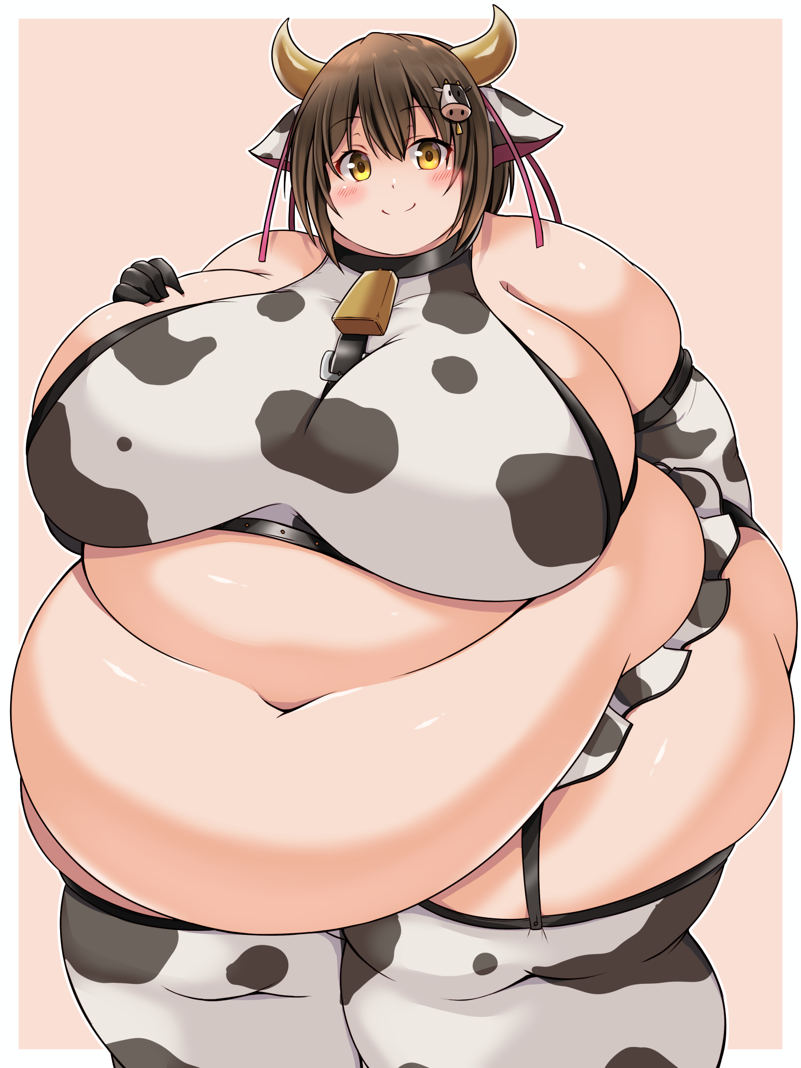 1girls, 2022, bbw, belly, belly overhang, breasts, brown hair, cow ears, cow horns, cow print, cow print armwear, cow print bikini, cow print thighhighs, fat, female, female focus, huge belly, huge breasts, kurocaze, obese, obese female, overweight, overweight female, plump, short hair, tummy, voluptuous, yellow eyes