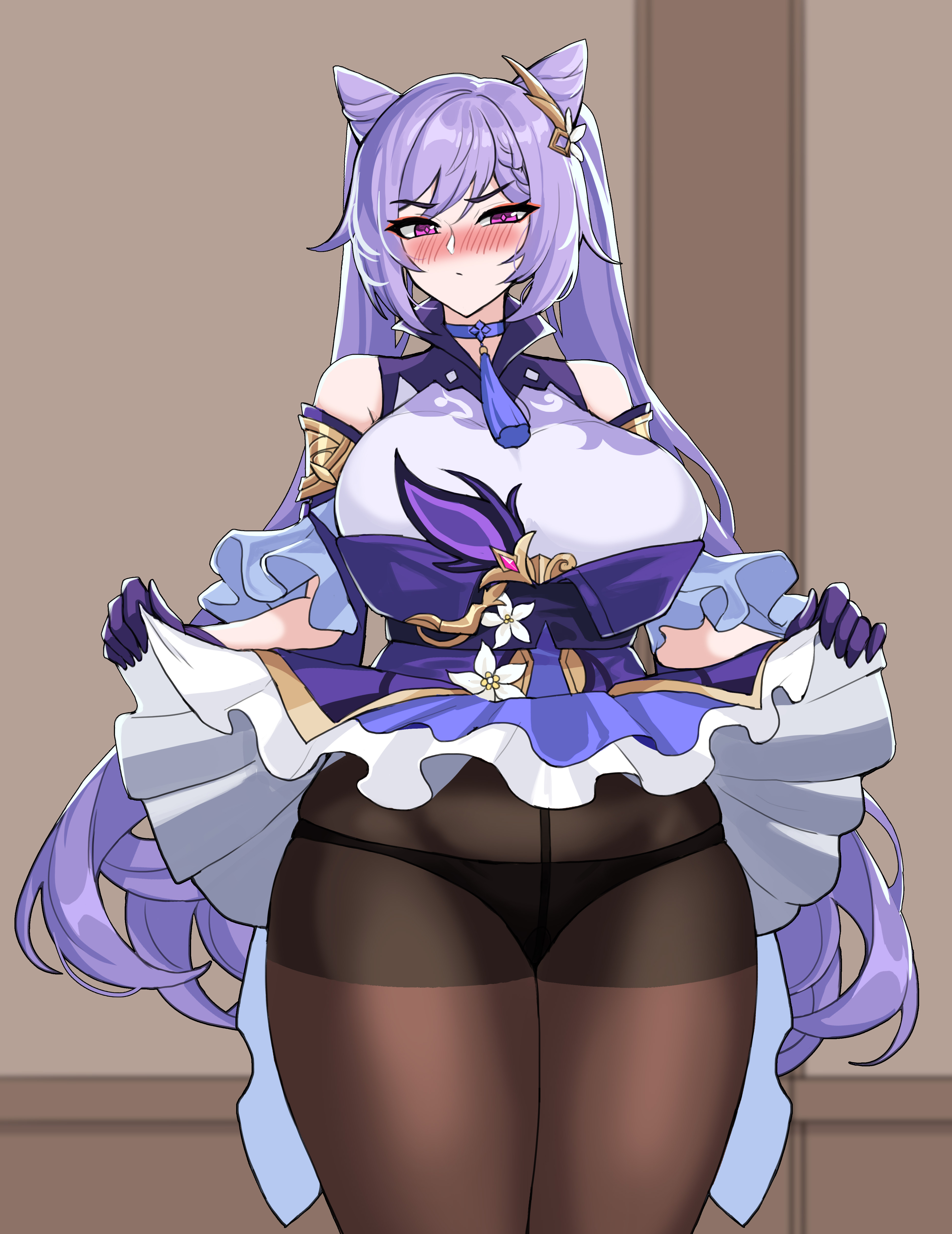 1girls, big breasts, blush, breasts, curvy, dress, dress lift, drogod (artist), female, female only, genshin impact, gloves, hair ornament, hi res, highres, keqing (genshin impact), large breasts, long hair, looking at viewer, panties, pantyhose, purple eyes, purple hair, solo, solo female, thick, thick thighs, twintails, voluptuous, wide hips