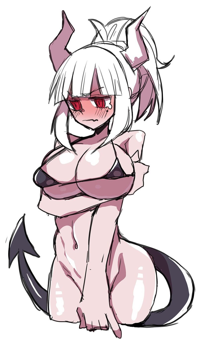 big breasts, bikini, blush, breasts, female, helltaker, lucifer (helltaker)
