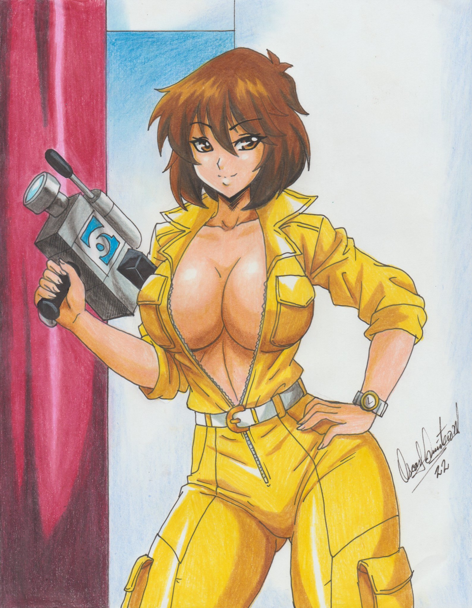 1girls, 2022, anime style, april o'neil, april o'neil (tmnt 1987), belt, big breasts, bodysuit, boobies, boobs, breasts, brown eyes, brown hair, busty, camera, cleavage, clothing, commission, curvaceous, curvy, curvy body, curvy female, curvy figure, electronics, female, female focus, female only, gun, hand on hip, huge breasts, human, jumpsuit, large breasts, medium hair, no bra, pale skin, pencil (artwork), ravern clouk, smile, solo, solo female, teenage mutant ninja turtles, teenage mutant ninja turtles (1987), unzipped, unzipped bodysuit, video camera, voluptuous, wristwear