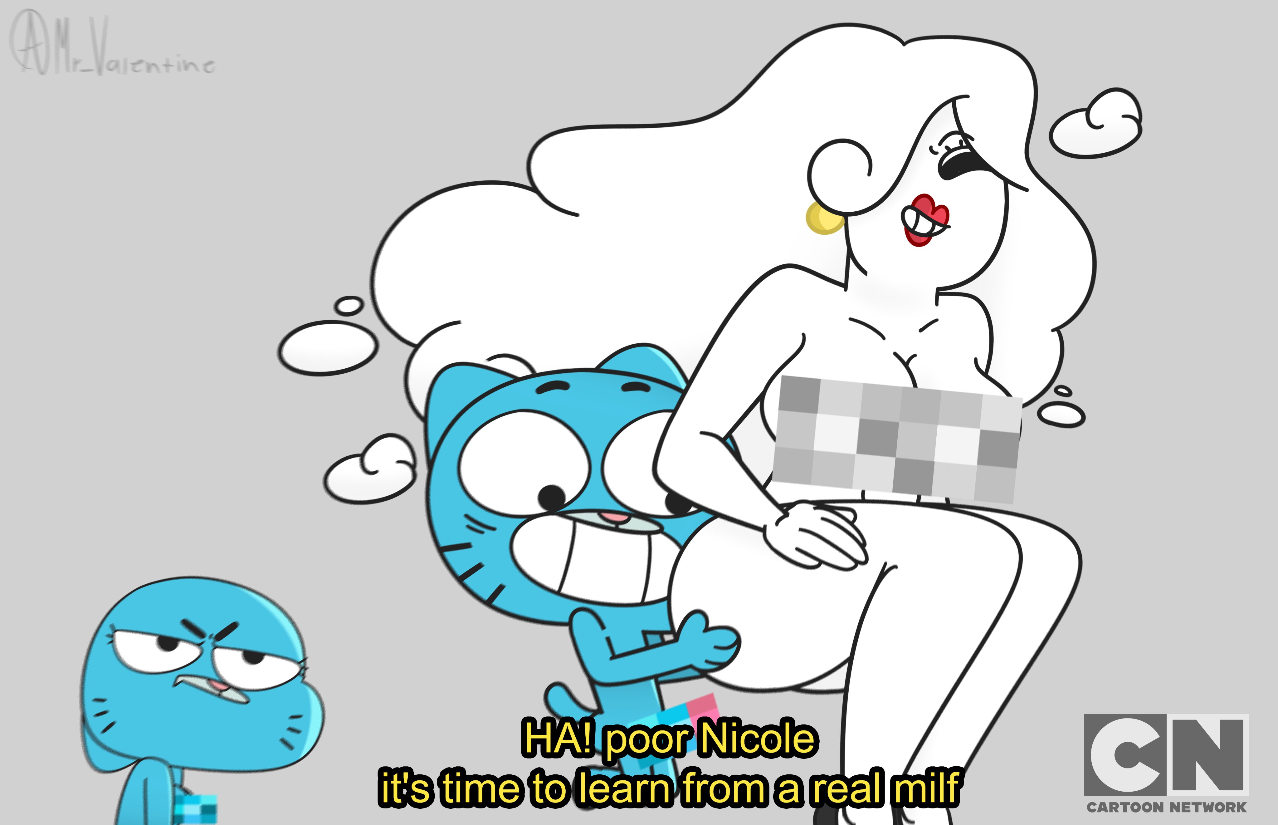 1boy, 2girls, accurate art style, age difference, angry face, anthro, asking for it, asking for sex, breasts, cartoon network, censor bar, censored, cheating, clothes removed, cloud, cloud humanoid, cuckquean, domestic cat, earrings, erection, felid humanoid, feline, female, female humiliation, grey background, grin, gumball watterson, hair over one eye, heavily censored, imminent sex, large breasts, legs together, long hair, male, milf, mosaic censoring, mr valentine00, netorare, nicole watterson, ntr, nude, nude female, nude male, pixelated, red lips, red lipstick, shirt removed, shoes removed, simple background, smile, smiling, squatting, stealing son, subtitled, the amazing world of gumball, white skin, yuki yoshida