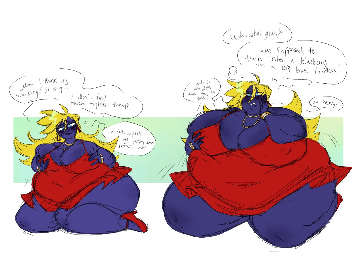 ass, big belly, blonde hair, blue skin, blueberry inflation, bluuberrybloats, bracelets, breast expansion, breast growth, breast growth (enlargement), breasts, enjoying, expansion, female, full body inflation, high heels, holding breast, huge ass, inflation, juice, necklace, panty & stocking with garterbelt, panty anarchy, red dress, shoes, tagme, thick thighs
