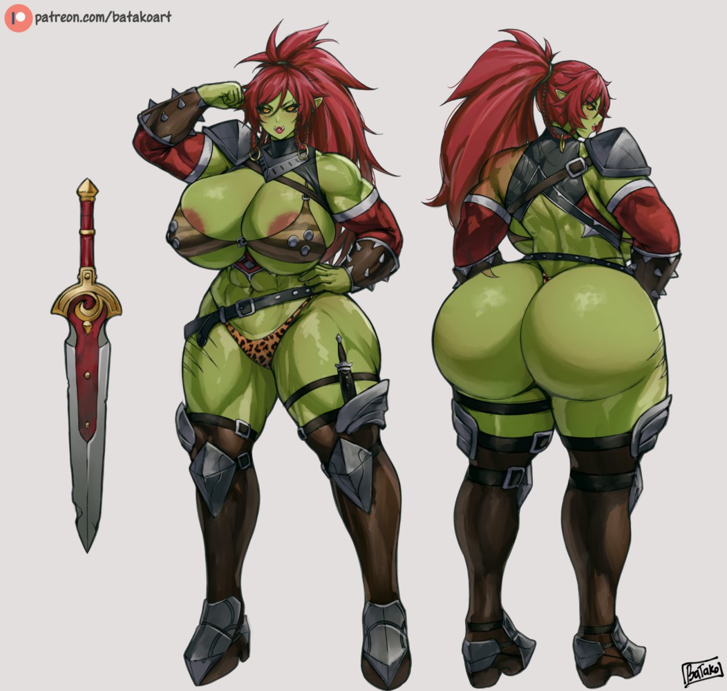 areola_slip ass batako bikini_armor bubble_butt cleavage dat_ass female_warrior from_behind gigantic_ass green_skin huge_ass huge_breasts muscular_female orc orc_female original original_character pointy_ears red_hair ris'taak_(raiosmanis) scars sword thong