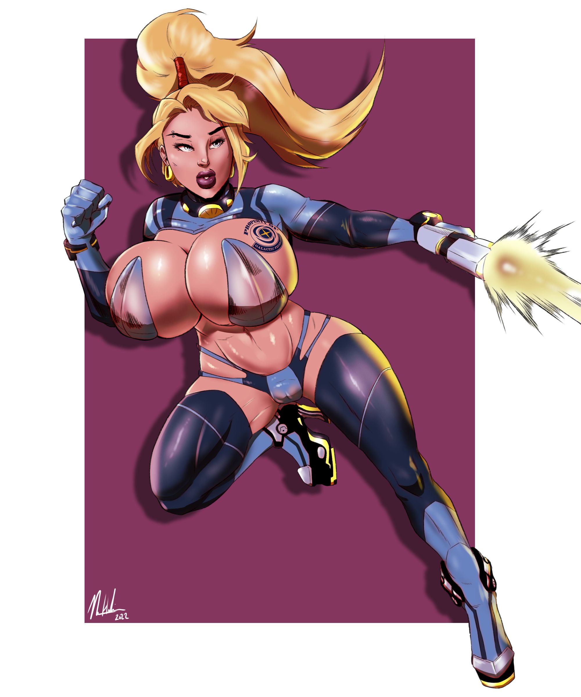 big breasts, bimbo, blonde hair, blue eyes, boots, breasts, cameltoe, female, female focus, female only, full body, g-string, high heel boots, high heels, hotsriracha, huge breasts, large breasts, lipstick, long hair, makeup, metroid, nintendo, piercing, ponytail, pussy, samus aran, tagme, tan, tattoo, thighhighs, zero suit, zero suit samus