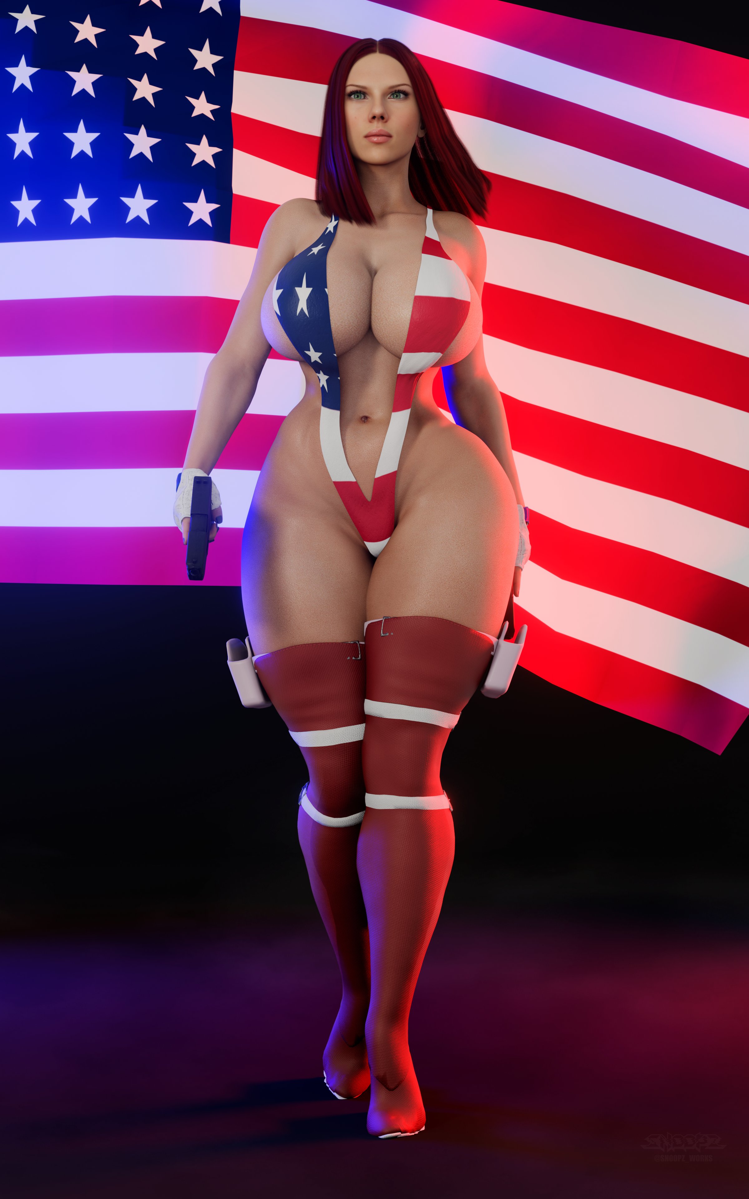 1girls, 3d, american flag, black widow (marvel), breasts, busty, female, female focus, hourglass figure, human, light skin, light-skinned female, marvel, marvel cinematic universe, marvel comics, natasha romanoff, red hair, scarlett johansson, sling bikini, snoopz, solo, solo female, tagme, wide hips