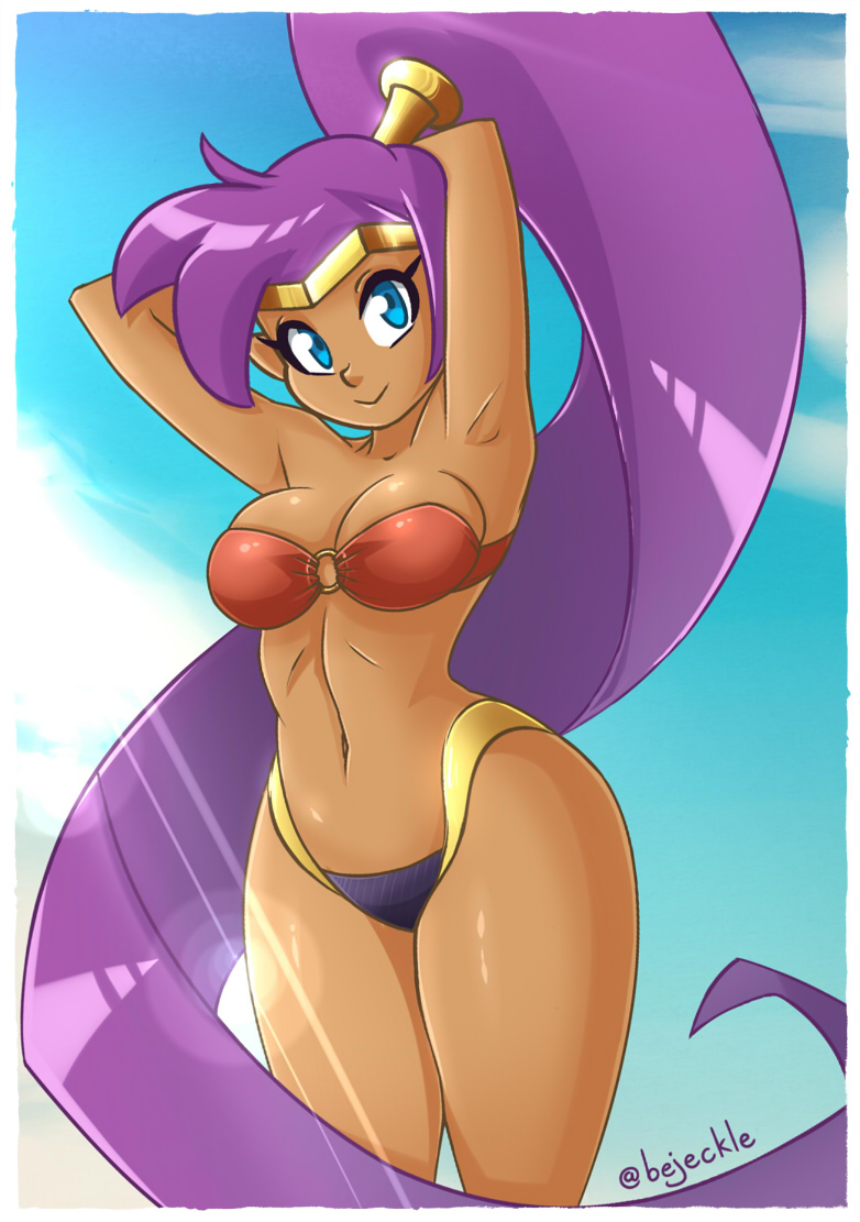 1girls, armpits, arms behind head, artist name, big breasts, bikini, blue eyes, breasts, busty, child bearing hips, cleavage, curvy, dark skin, dark-skinned female, female, female only, large breasts, legs, long hair, looking at viewer, navel, o-ring, o-ring bikini, ponytail, pose, posing, purple hair, sensual, shantae, shantae (character), smooth skin, solo, solo female, swimsuit, thick thighs, thighs, very long hair, voluptuous