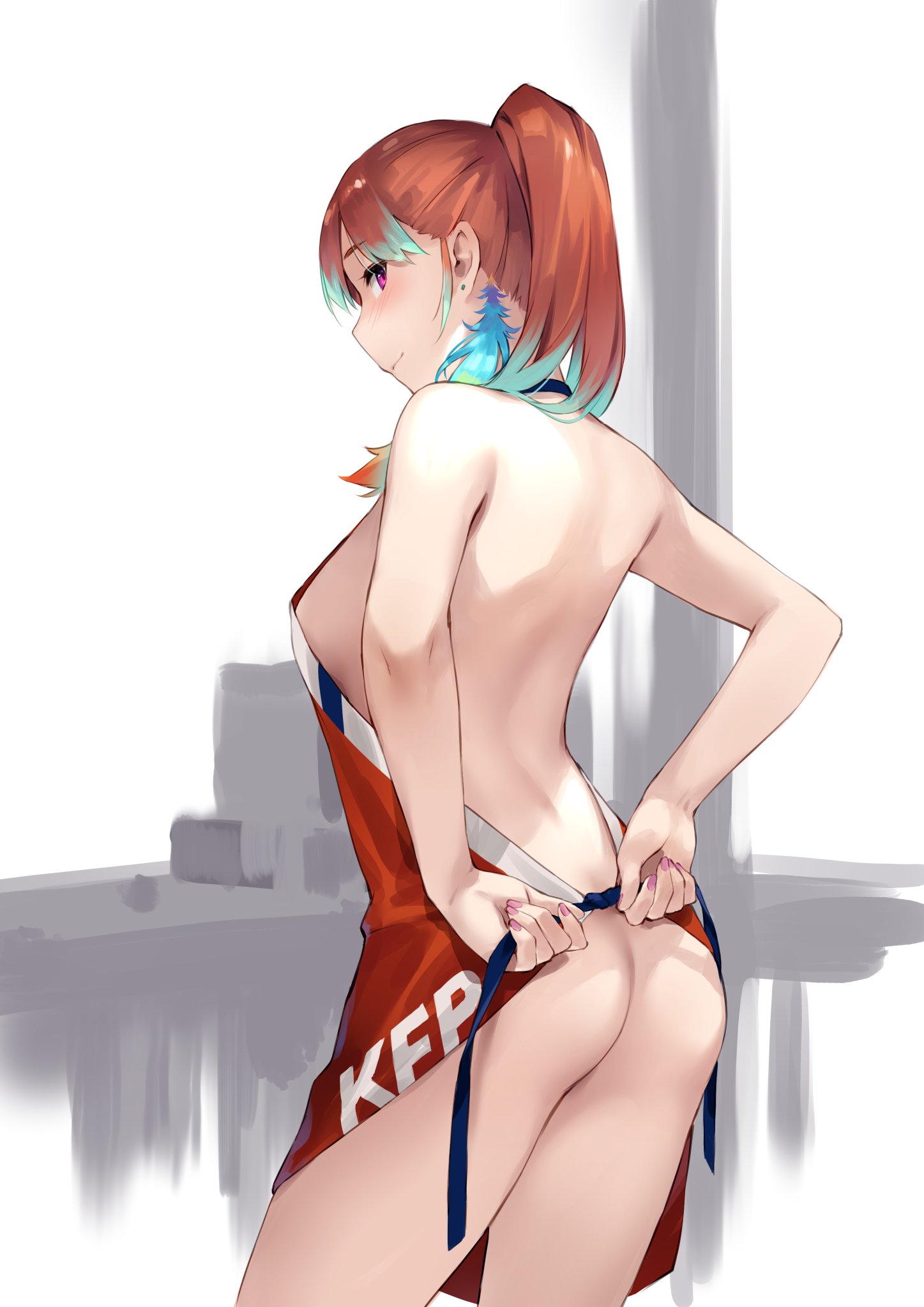 1girls, apron, apron only, feather hair ornament, feathers, female, hi res, hololive, hololive english, hololive myth, kfp (takanashi kiara), orange hair, panties, ponytail, practically nude, takanashi kiara, virtual youtuber, zen juraku