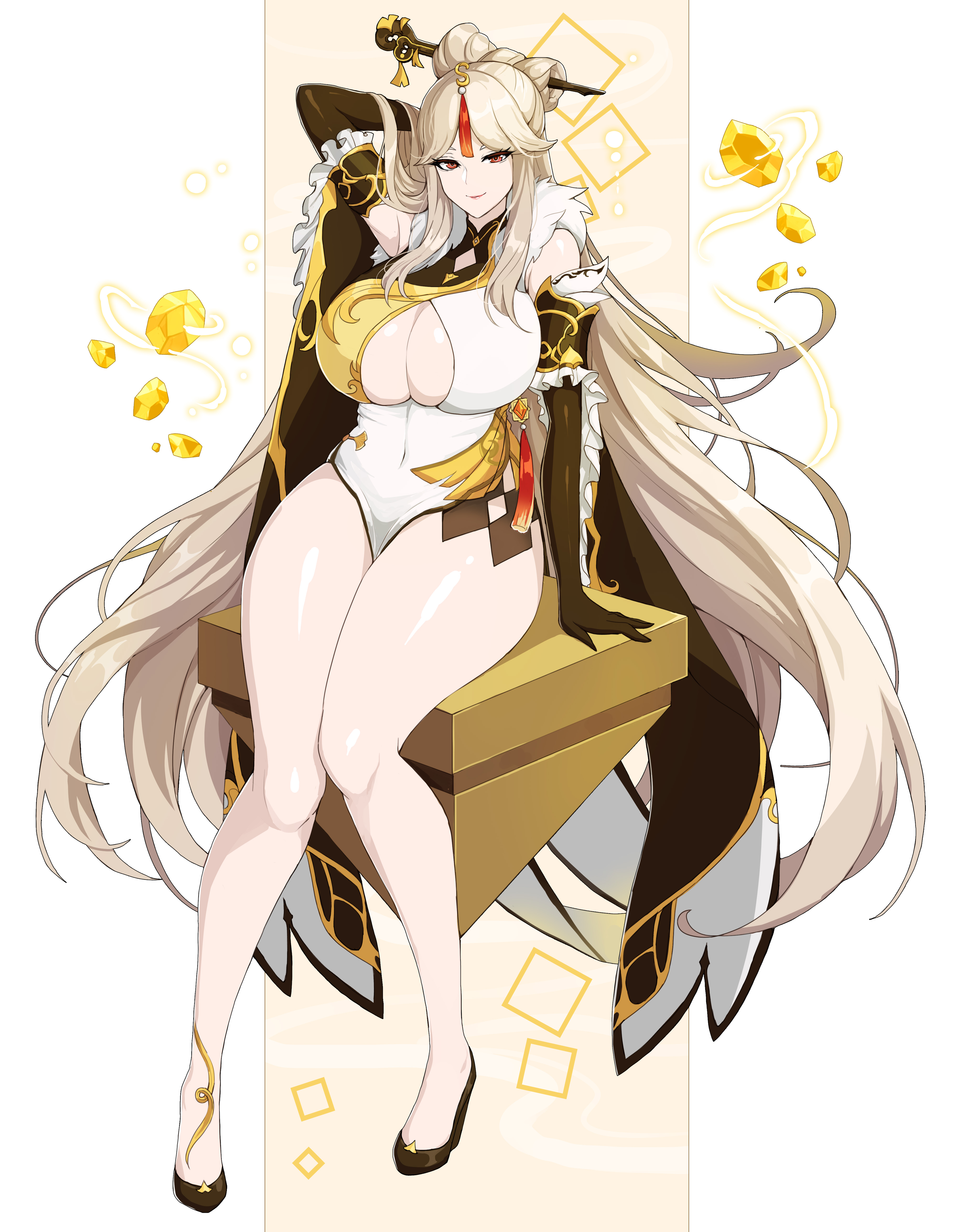 1girls, arm up, big breasts, boob window, breasts, cleavage, cleavage cutout, clothing cutout, curvy, drogod (artist), female, female only, genshin impact, gloves, hair ornament, hand behind head, hi res, highres, huge breasts, large breasts, legs, long hair, looking at viewer, ningguang (genshin impact), red eyes, sitting, solo, solo female, thick, thick thighs, thighs, voluptuous, white hair, wide hips