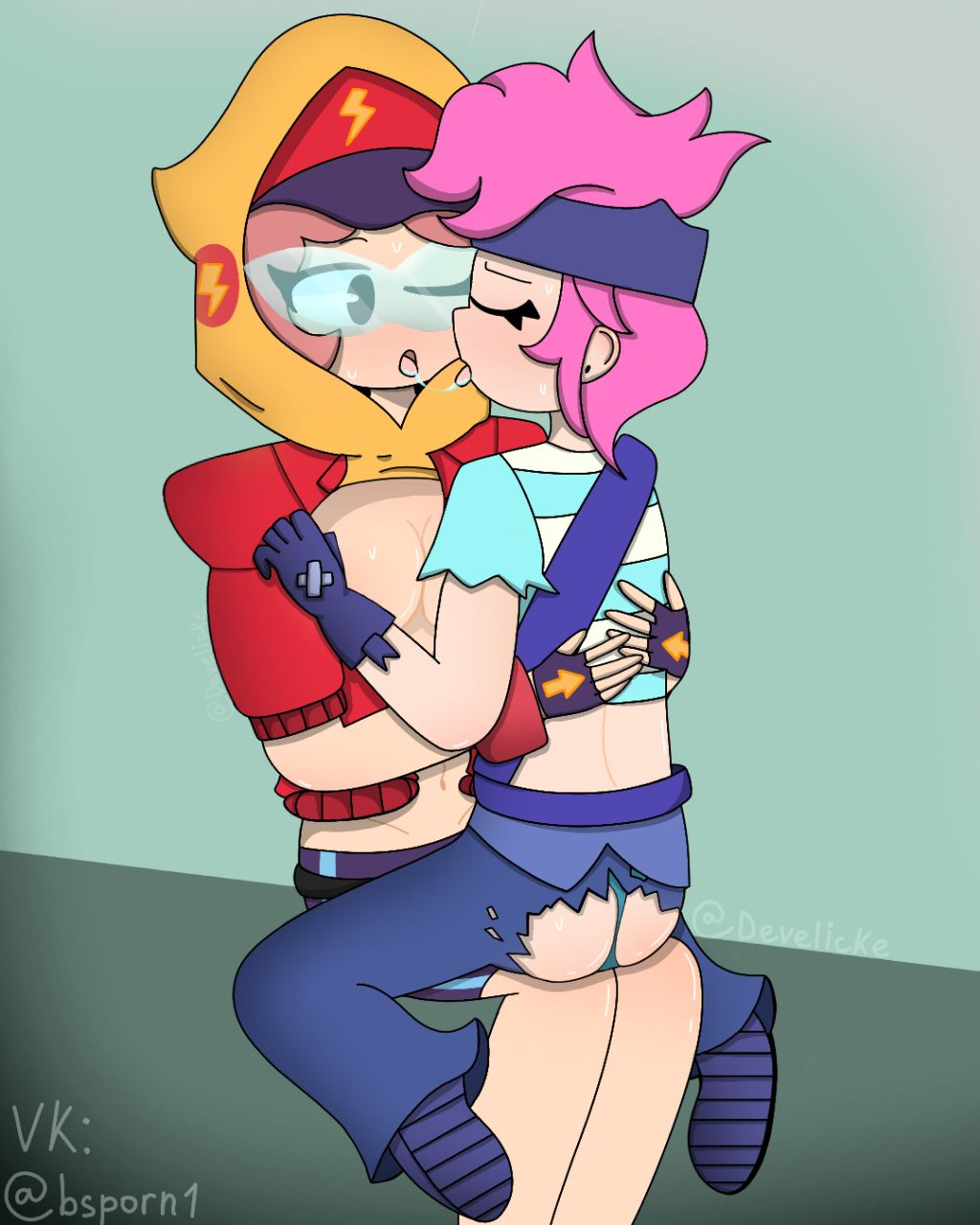 blue-tinted_eyewear brawl_stars develicke kissing max_(brawl_stars) penny_(brawl_stars) streetwear_max tinted_eyewear visor visor_(eyewear) visor_glasses yuri