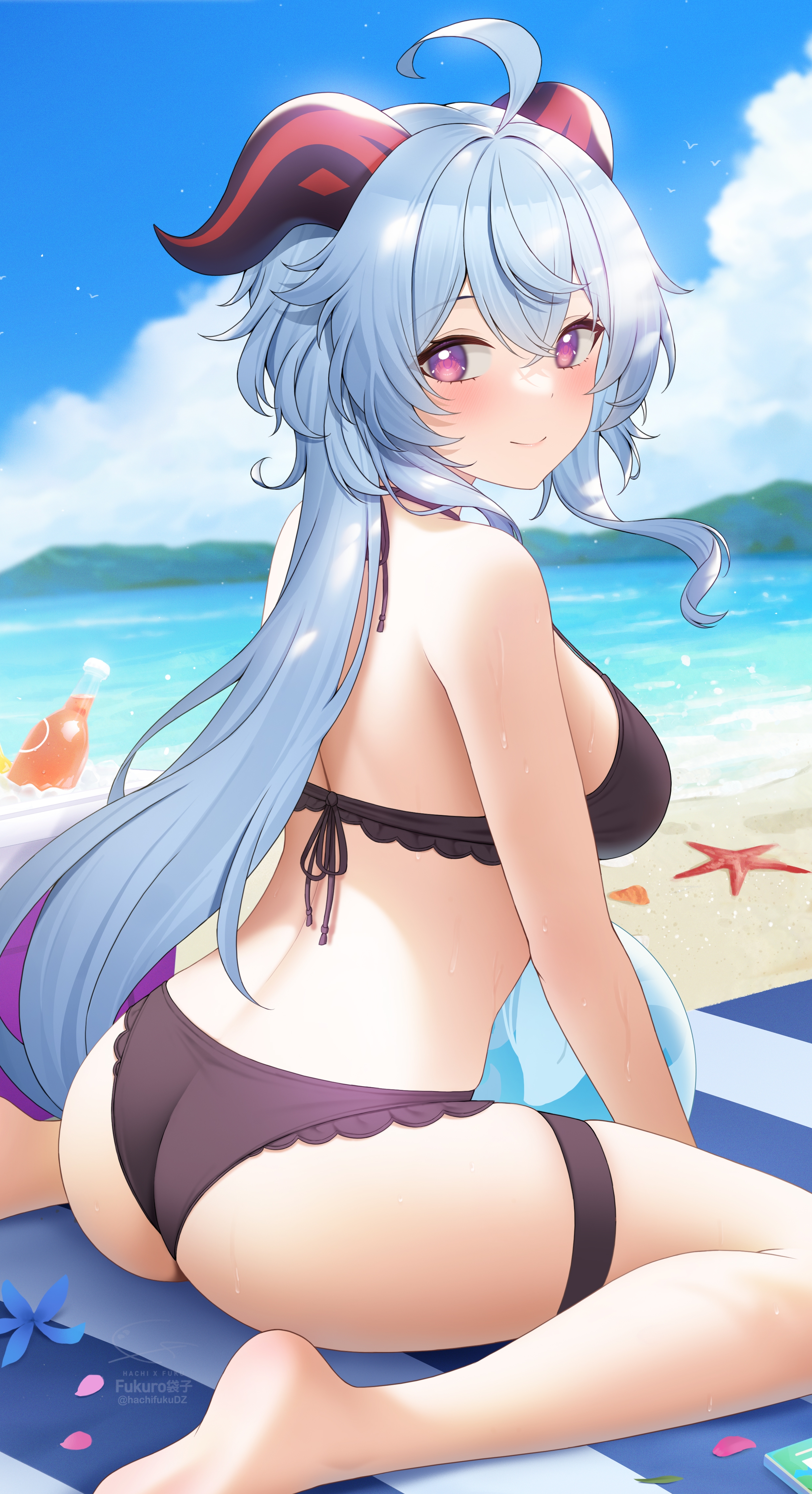 1girls, ahoge, aqua hair, ass, ball (object), bare back, bare shoulders, barefoot, beach, beach towel, big breasts, black bra, black panties, black swimsuit, blush, bra, breasts, calves, clouds, cute, female, female only, fukuro ko (greentea), ganyu (genshin impact), genshin impact, happy, highres, holding ball, horns, legs, light skin, light-skinned female, long hair, looking back, ocean, outdoors, outside, panties, ponytail, purple eyes, sand, sitting, sky, smile, solo, sweat, swimsuit, thigh strap, wariza, water, wet skin