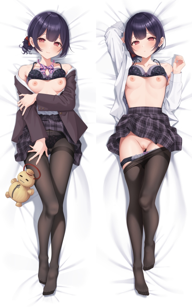 arm_up bangs black_bra black_hair black_panties black_pantyhose bow bowtie bra bra_lift breasts brown_jacket closed_mouth clothes_lift clothes_pull commentary_request dakimakura_(medium) dakimakura_design diagonal-striped_bow dress_shirt female full_body hair_bun hairbow hand_on_own_arm high-waist_skirt idolmaster idolmaster_shiny_colors jacket long_sleeves looking_at_viewer lying morino_rinze nipples no_shoes on_back open_clothes open_jacket open_shirt panties panties_under_pantyhose panty_pull pantyhose pantyhose_pull pink_bow pink_bowtie plaid plaid_skirt pussy red_bow red_eyes school_uniform shirt shirt_tucked_in short_hair skirt skirt_lift small_breasts smile striped striped_bow striped_bowtie takio_(kani_sama) thigh_gap thighband_pantyhose uncensored underwear